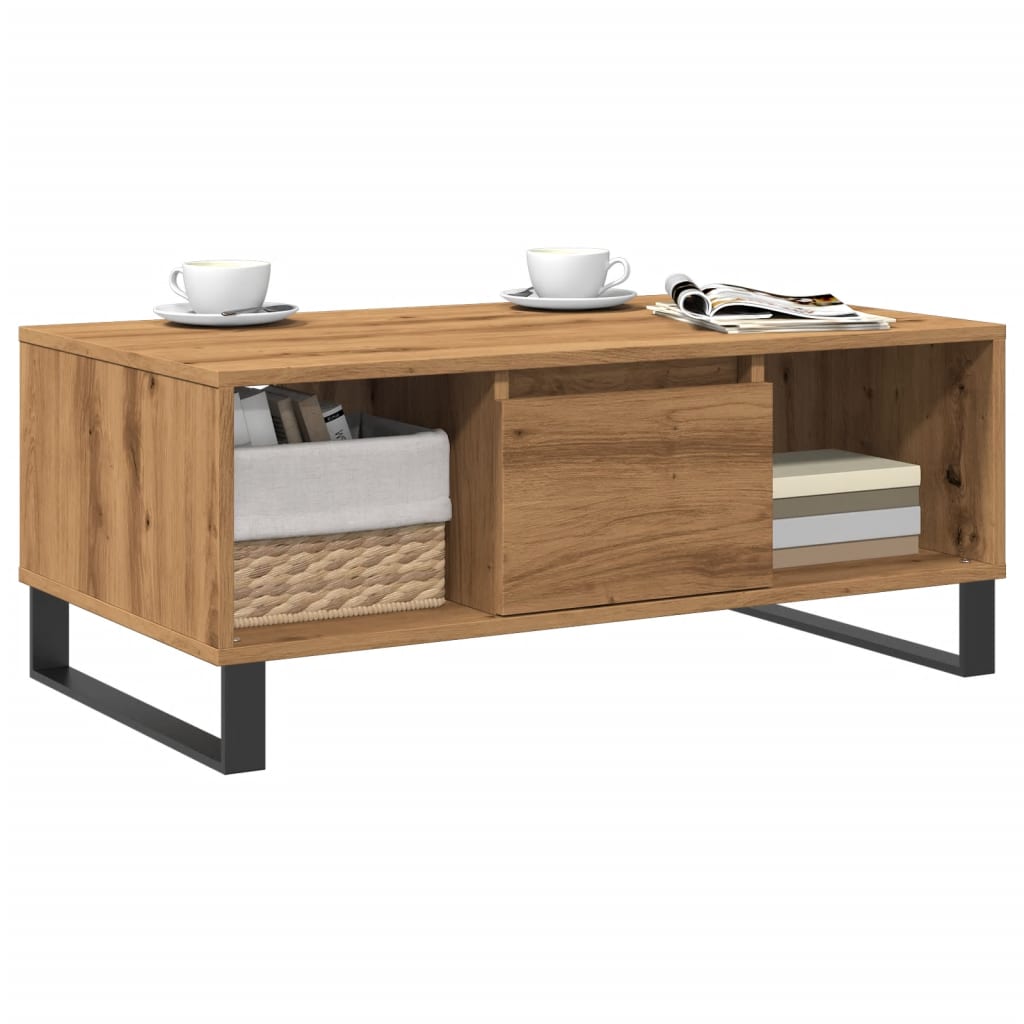 Couchtisch 90×50×36,5 cm – Handgefertigt aus Holzwerkstoff in Artisan Eiche mit Metallfüßen