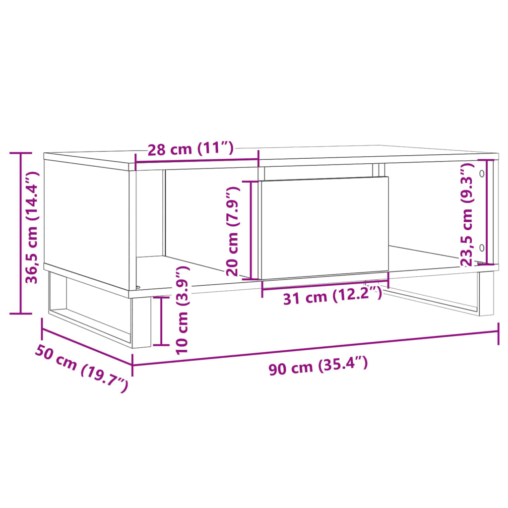 Couchtisch 90×50×36,5 cm – Handgefertigt aus Holzwerkstoff in Artisan Eiche mit Metallfüßen
