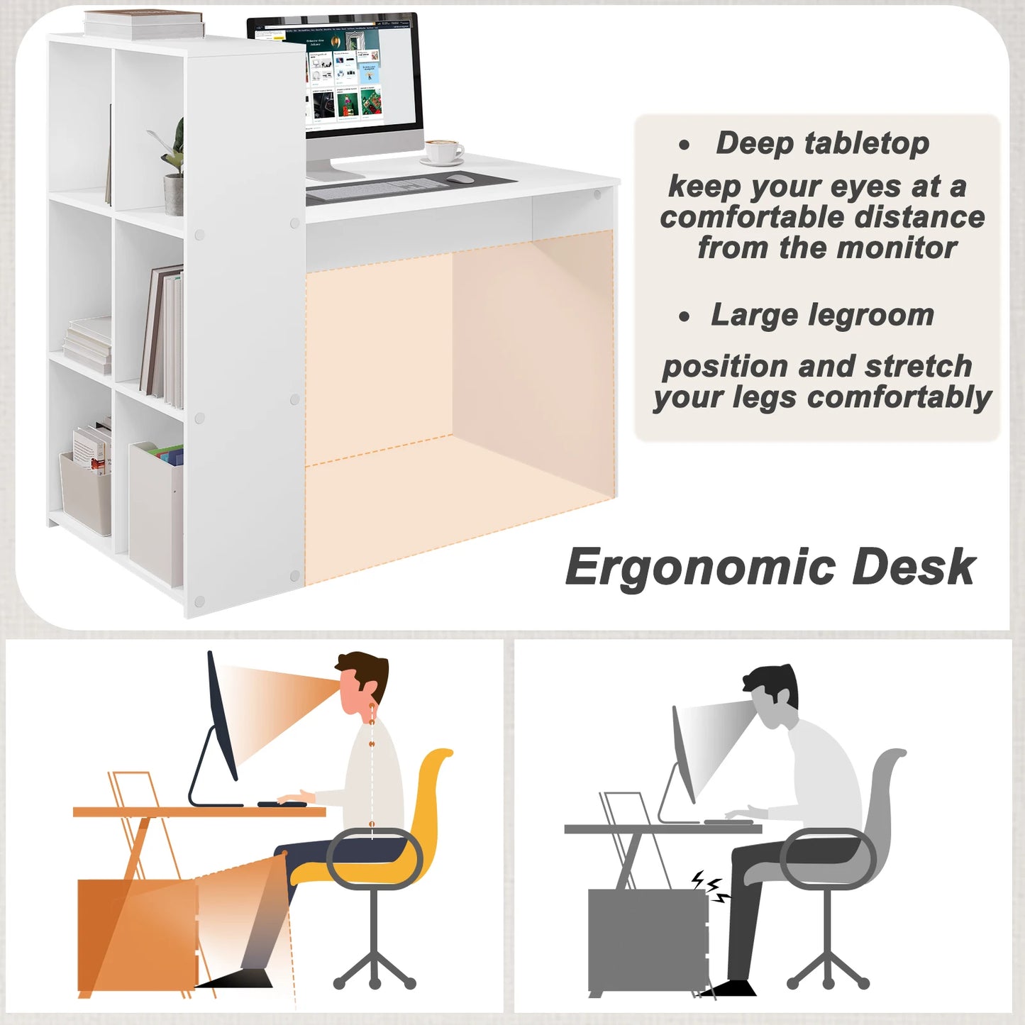 Weißer Computertisch mit Regal 120 x 111 x 63 cm Eckschreibtisch links oder rechts montierbar PC Tisch für Büro Wohnzimmer Arbeitszimmer