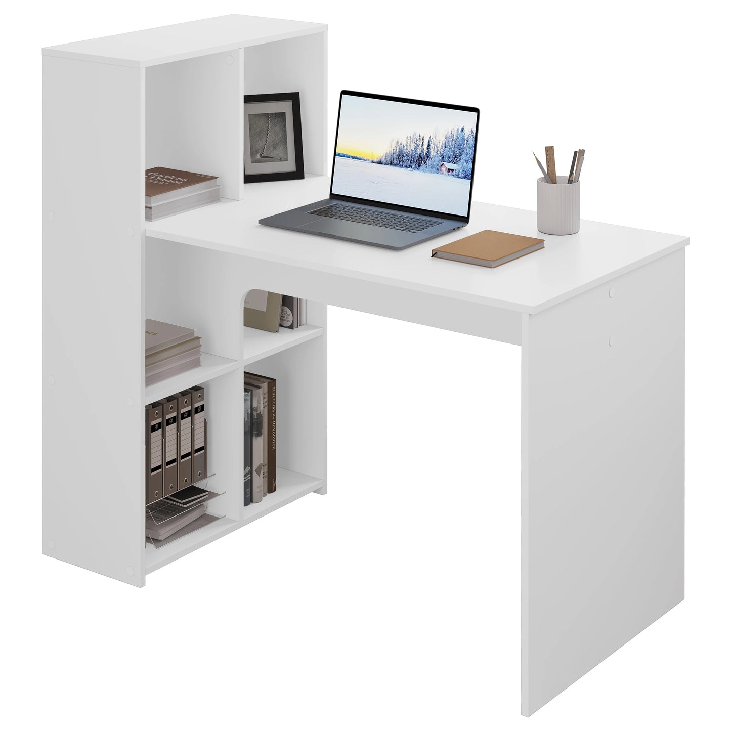 Weißer Computertisch mit Regal 120 x 111 x 63 cm Eckschreibtisch links oder rechts montierbar PC Tisch für Büro Wohnzimmer Arbeitszimmer