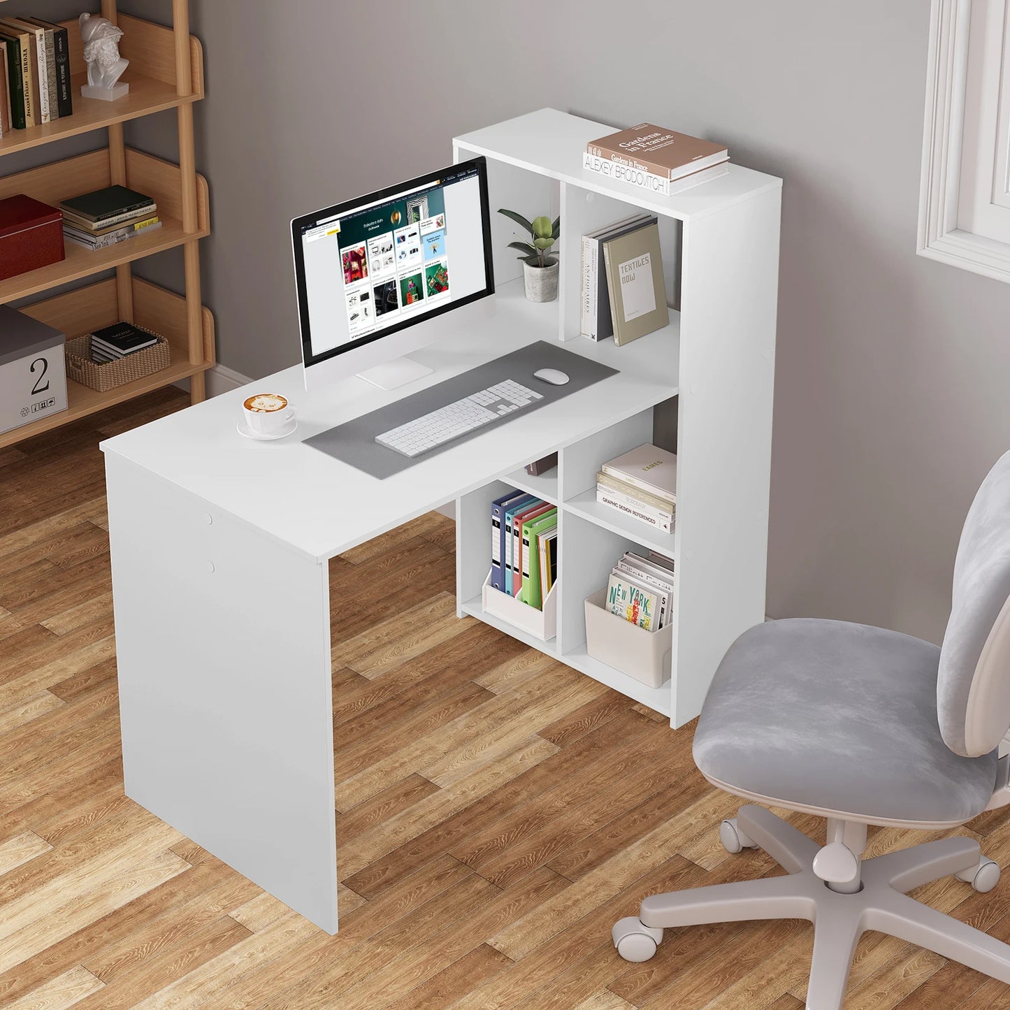 Weißer Computertisch mit Regal 120 x 111 x 63 cm Eckschreibtisch links oder rechts montierbar PC Tisch für Büro Wohnzimmer Arbeitszimmer
