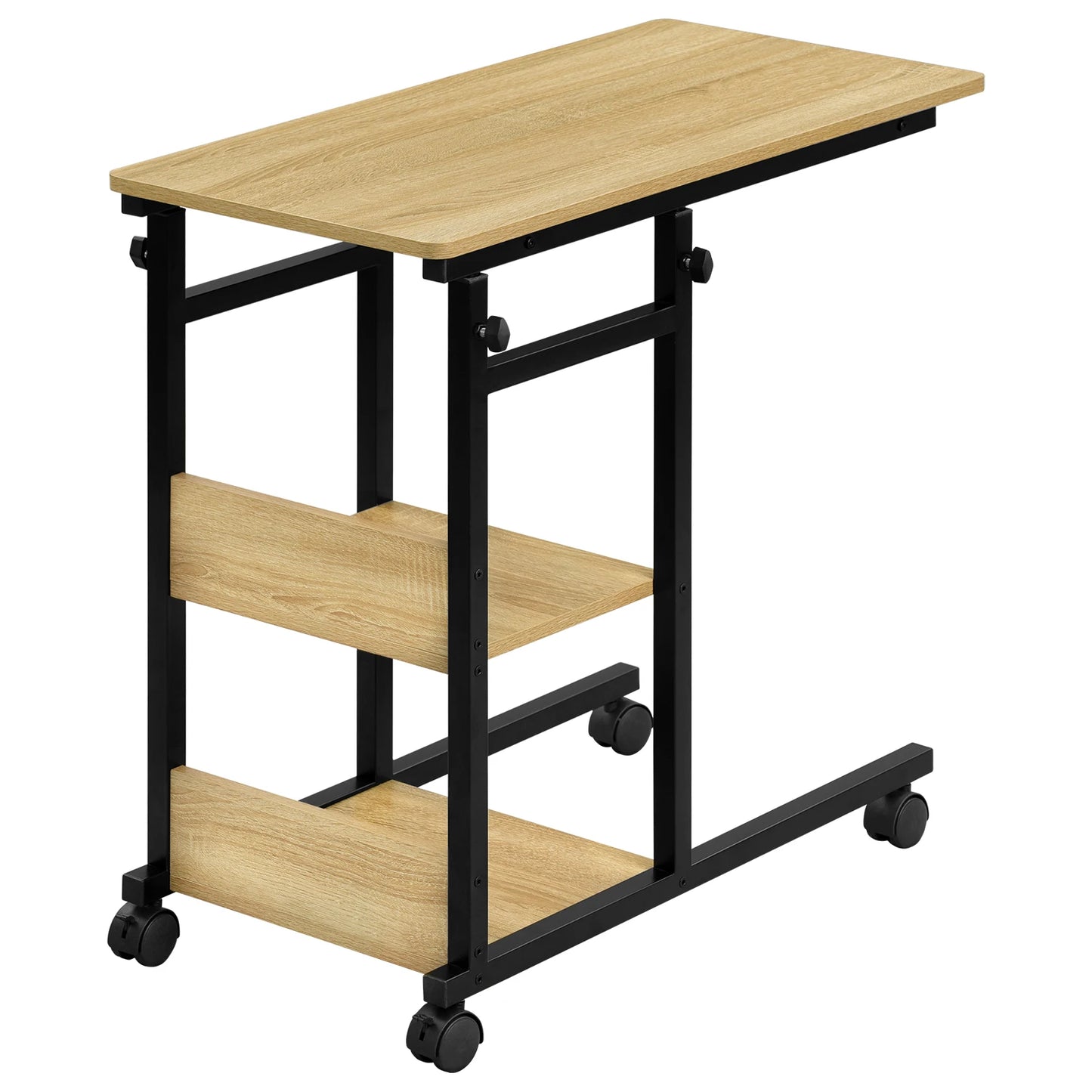 Table d'appoint en forme de C, réglable en hauteur avec roulettes, aspect bois, 80x40 cm