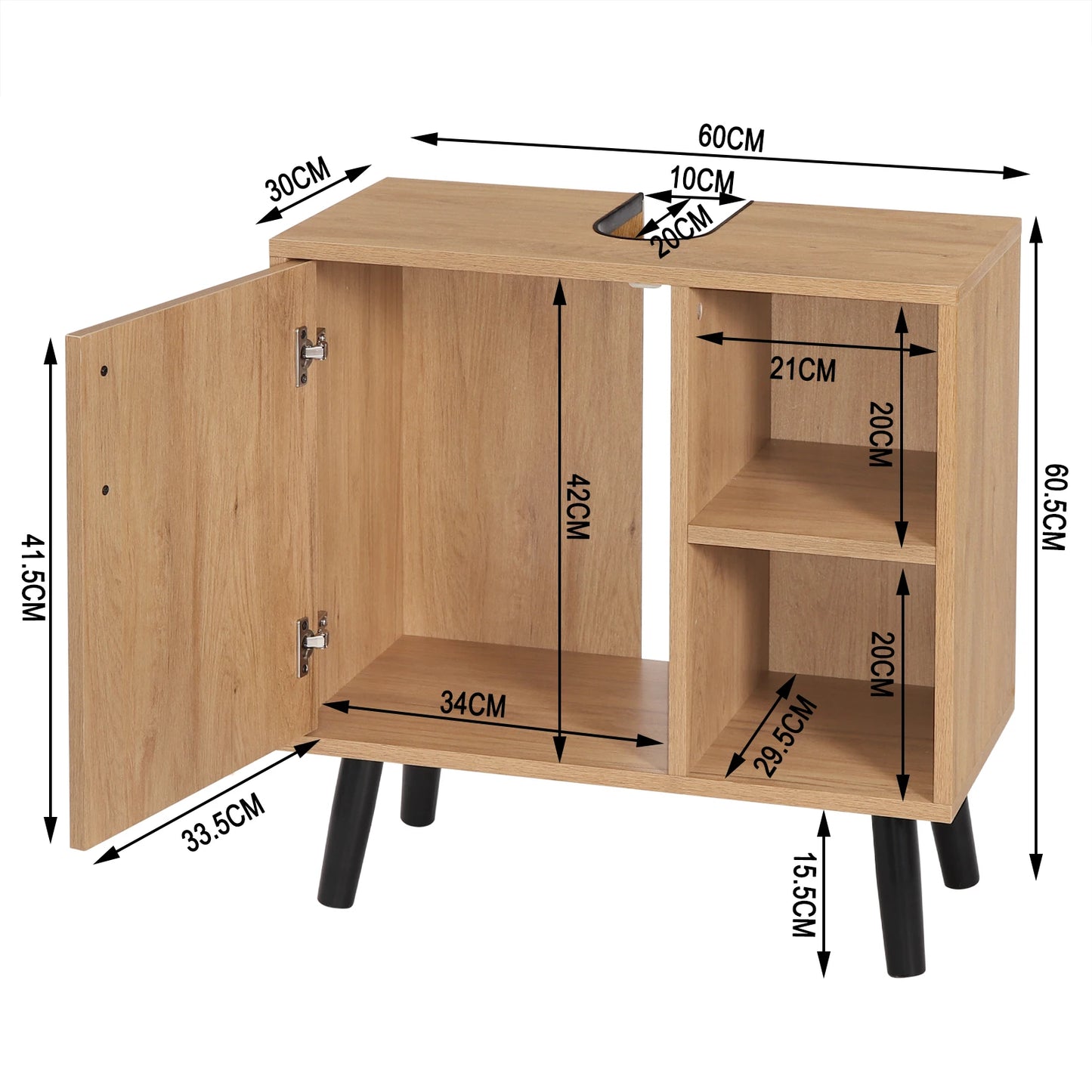 Badezimmerschrank unter Waschbecken 60×60 cm – mit Tür & 2 offenen Regalen