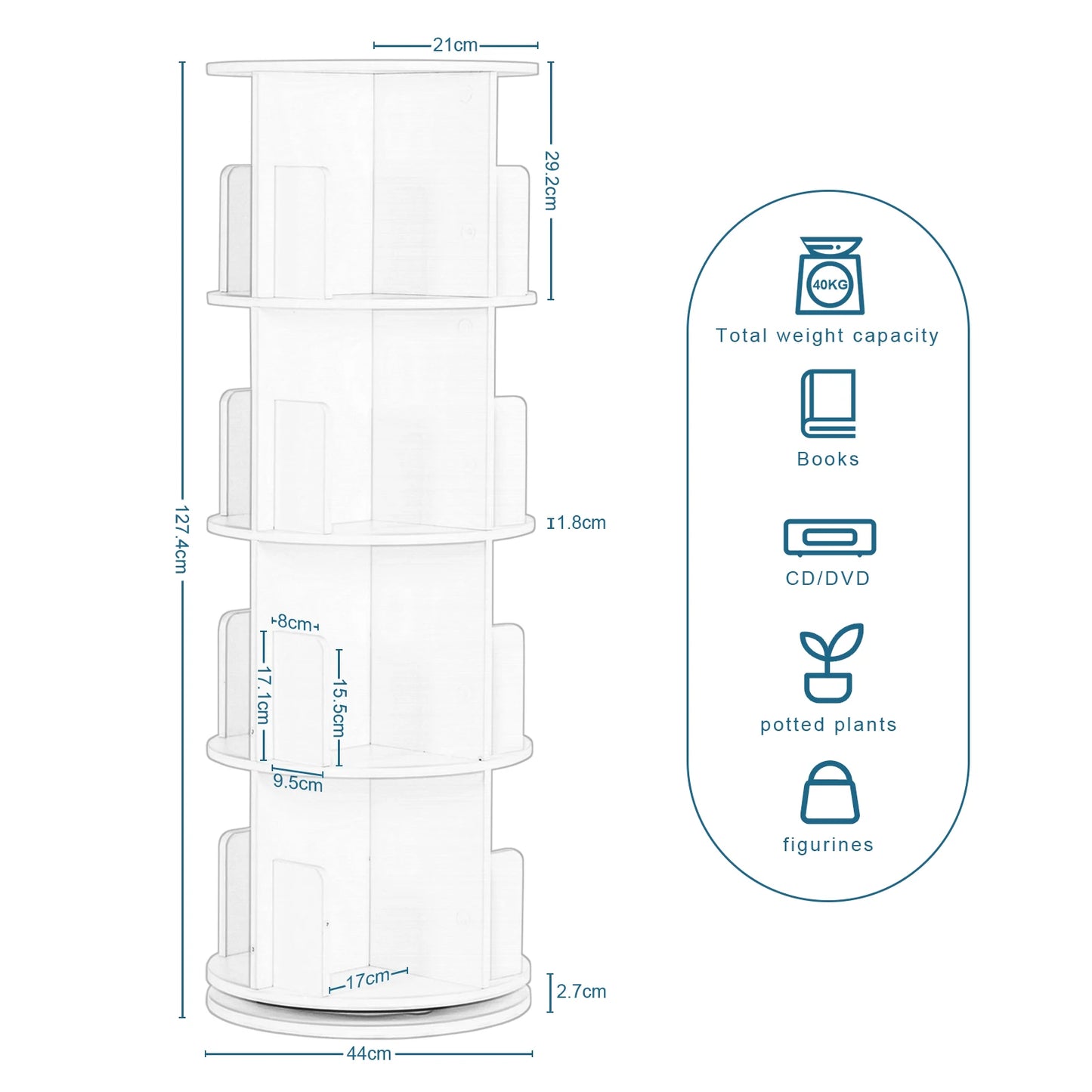Weißes drehbares Bücherregal 4 Etagen 16 Fächer 360° Regal für Wohnzimmer Büro Kinderzimmer Organizer