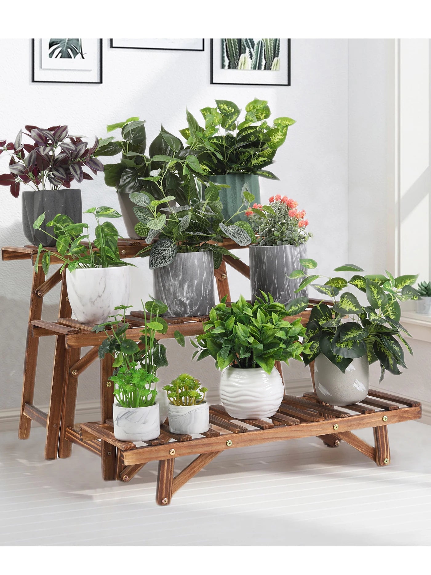 Set of 3 wooden plant stands, 3-tier, ladder shelf for indoor & outdoor use, pinewood