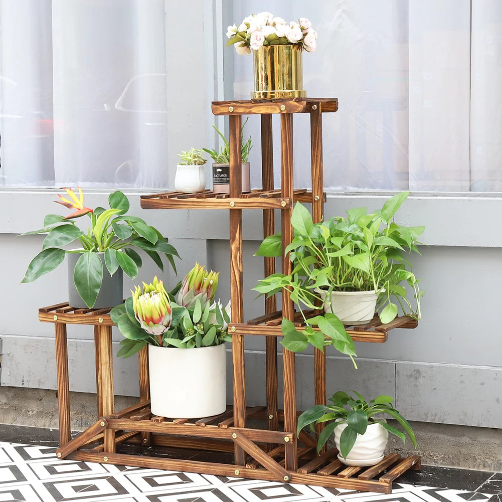 6-tier wooden plant stand, flower shelf for garden, patio & balcony, pine