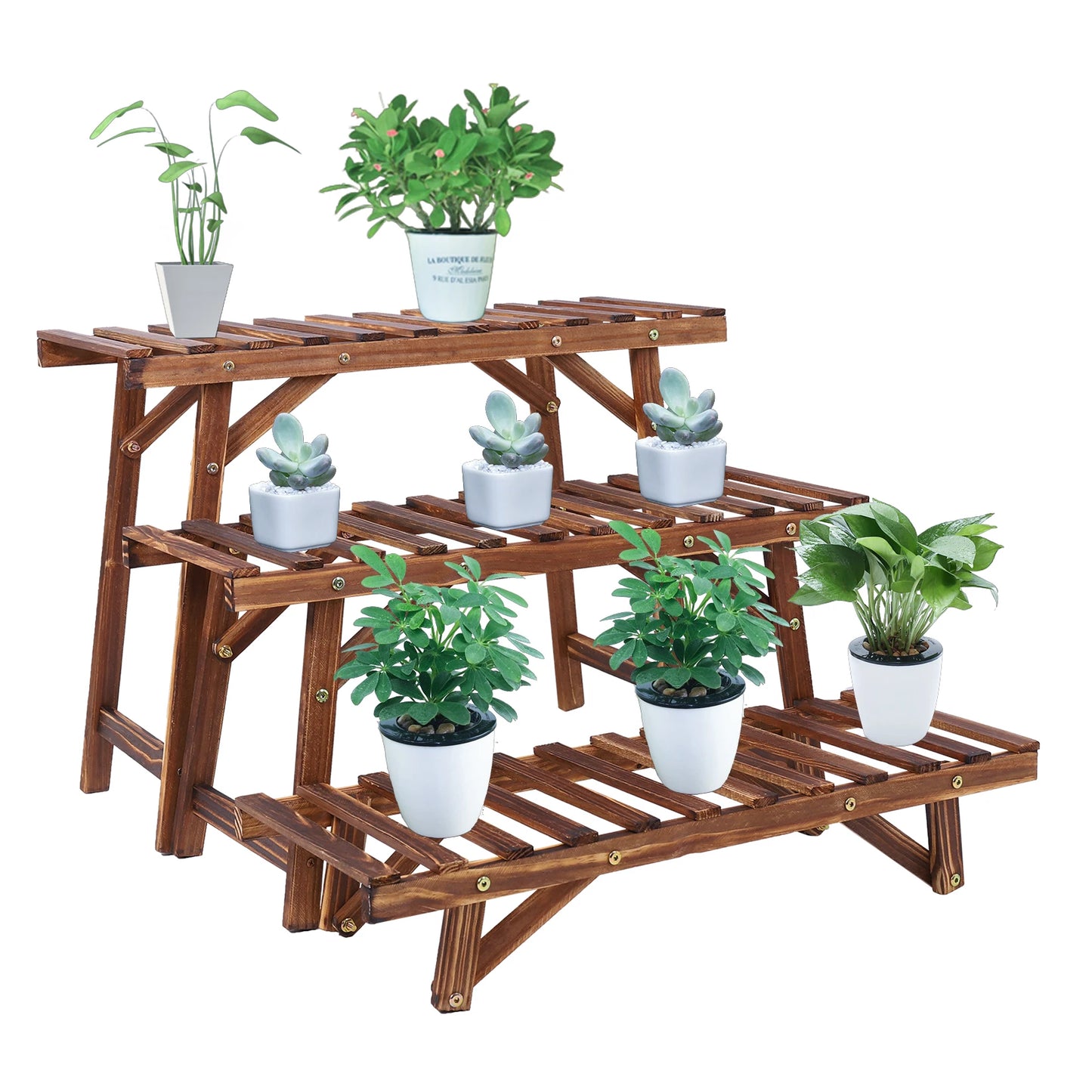 Set of 3 wooden plant stands, 3-tier, ladder shelf for indoor & outdoor use, pinewood