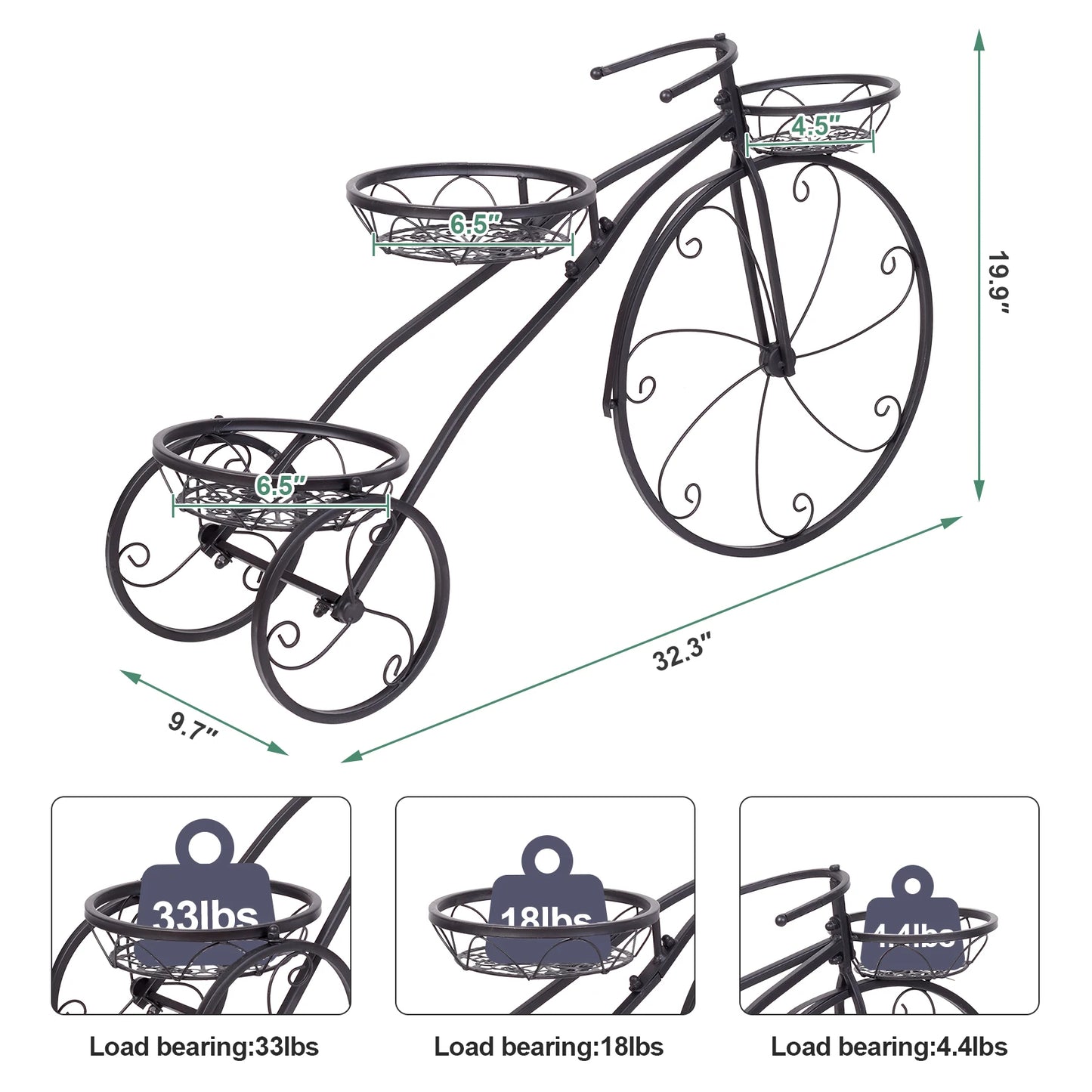 Tricycle plant stand made of metal, 3-tier, flower bicycle rack for garden & balcony