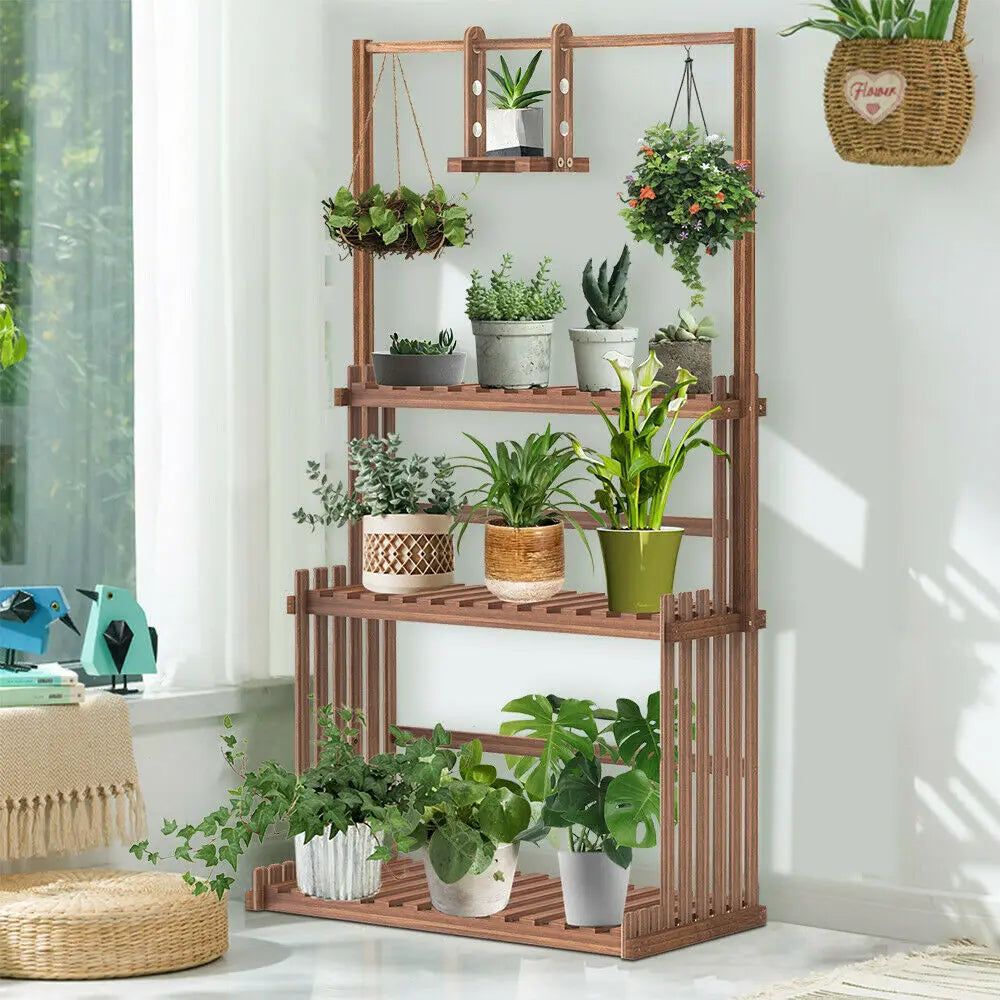 3-tier hanging plant stand made of pinewood, indoor & outdoor, balcony shelf