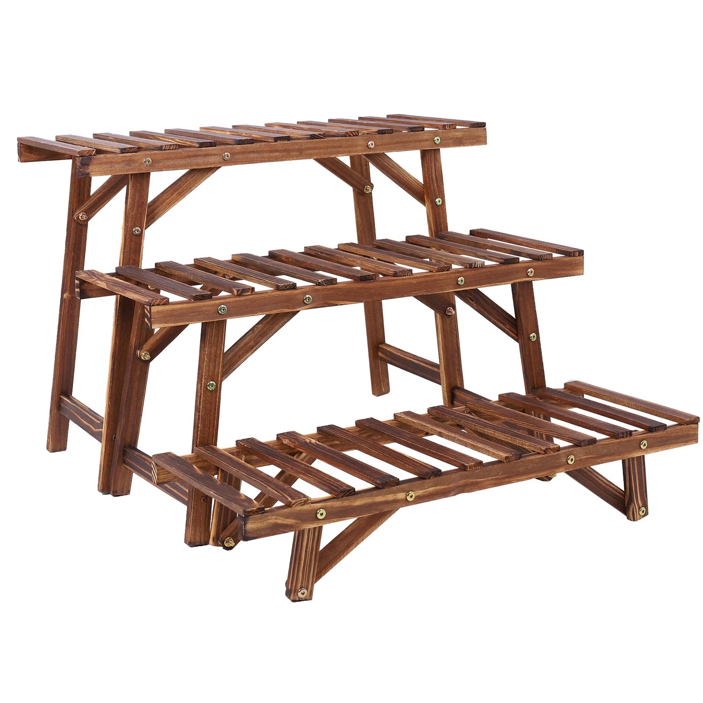 Set of 3 wooden plant stands, 3-tier, ladder shelf for indoor & outdoor use, pinewood