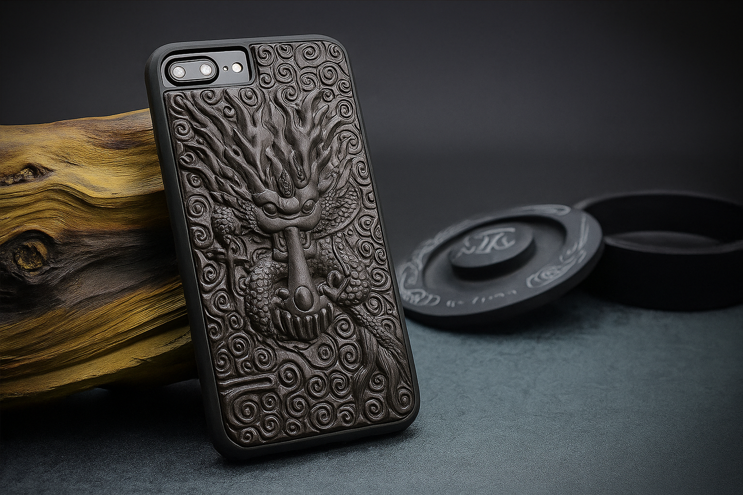 Coque en bois pour iPhone « Long Tu Teng » – Dragon chinois en relief 3D en bois de santal