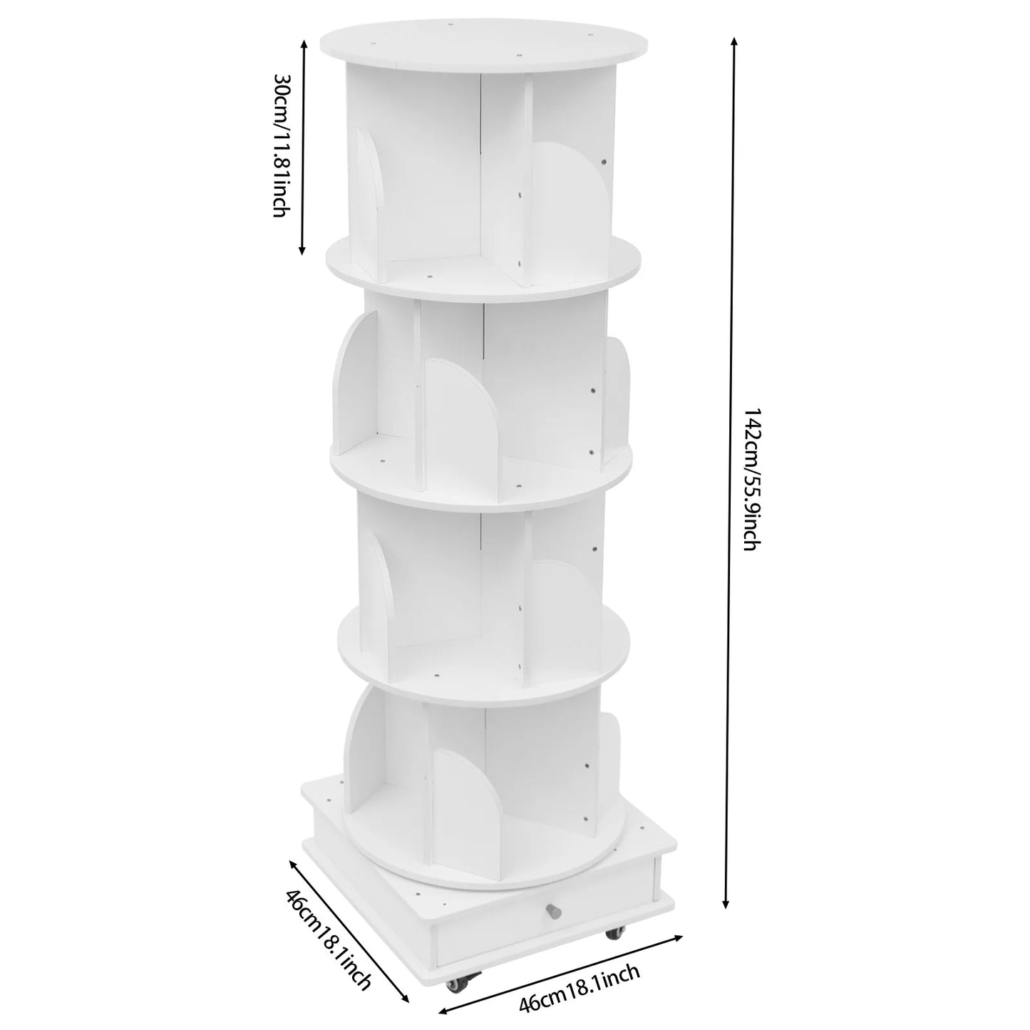 Rotating solid wood bookcase with drawer – 4 levels, 360° rotatable, on castors