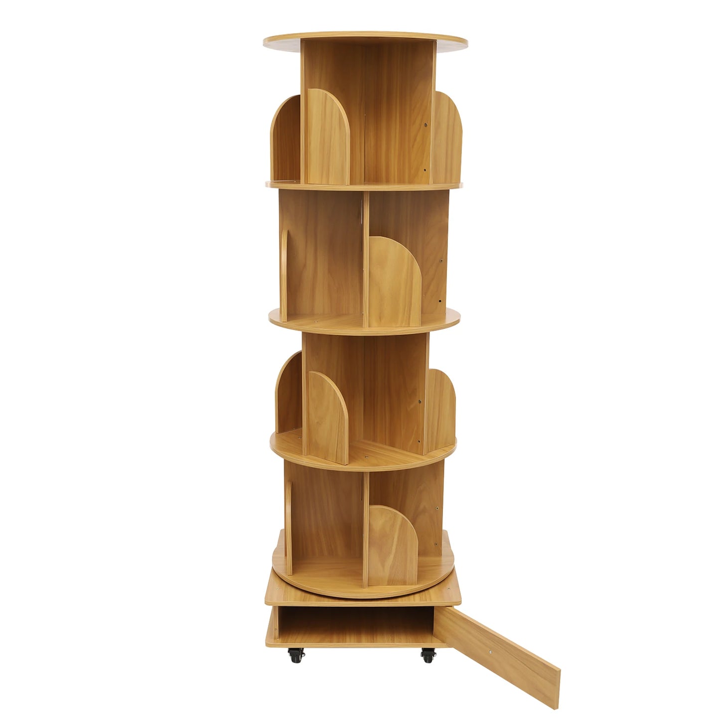 Rotating solid wood bookcase with drawer – 4 levels, 360° rotatable, on castors