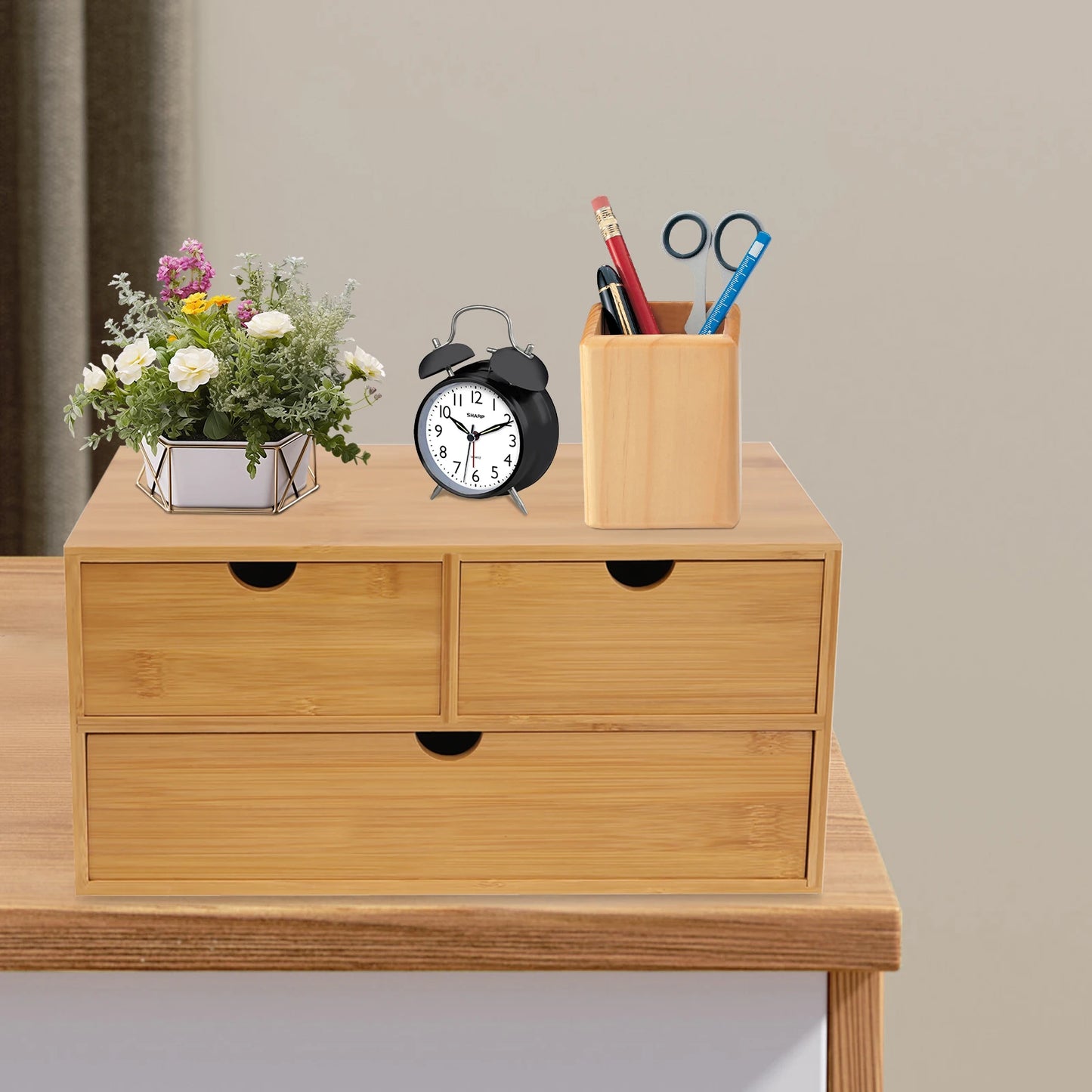 Organiseur de bureau en bambou avec 3 tiroirs – naturel, entièrement assemblé