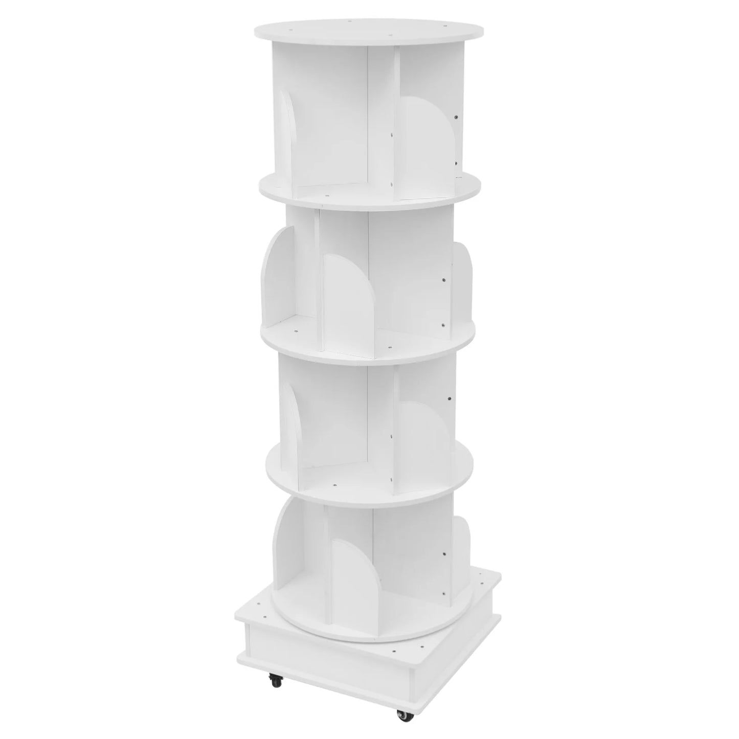 Rotating solid wood bookcase with drawer – 4 levels, 360° rotatable, on castors