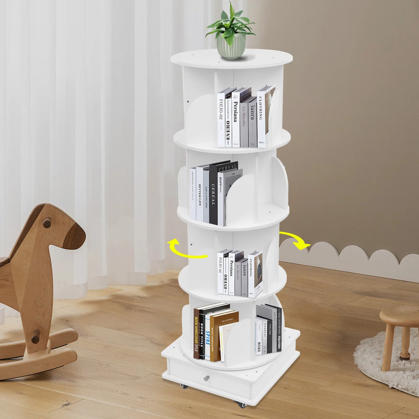 Rotating solid wood bookcase with drawer – 4 levels, 360° rotatable, on castors
