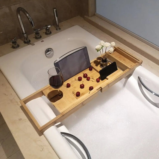 Bamboo bathtub shelf 75–109 cm – extendable tray with wine glass holder and tablet compartment