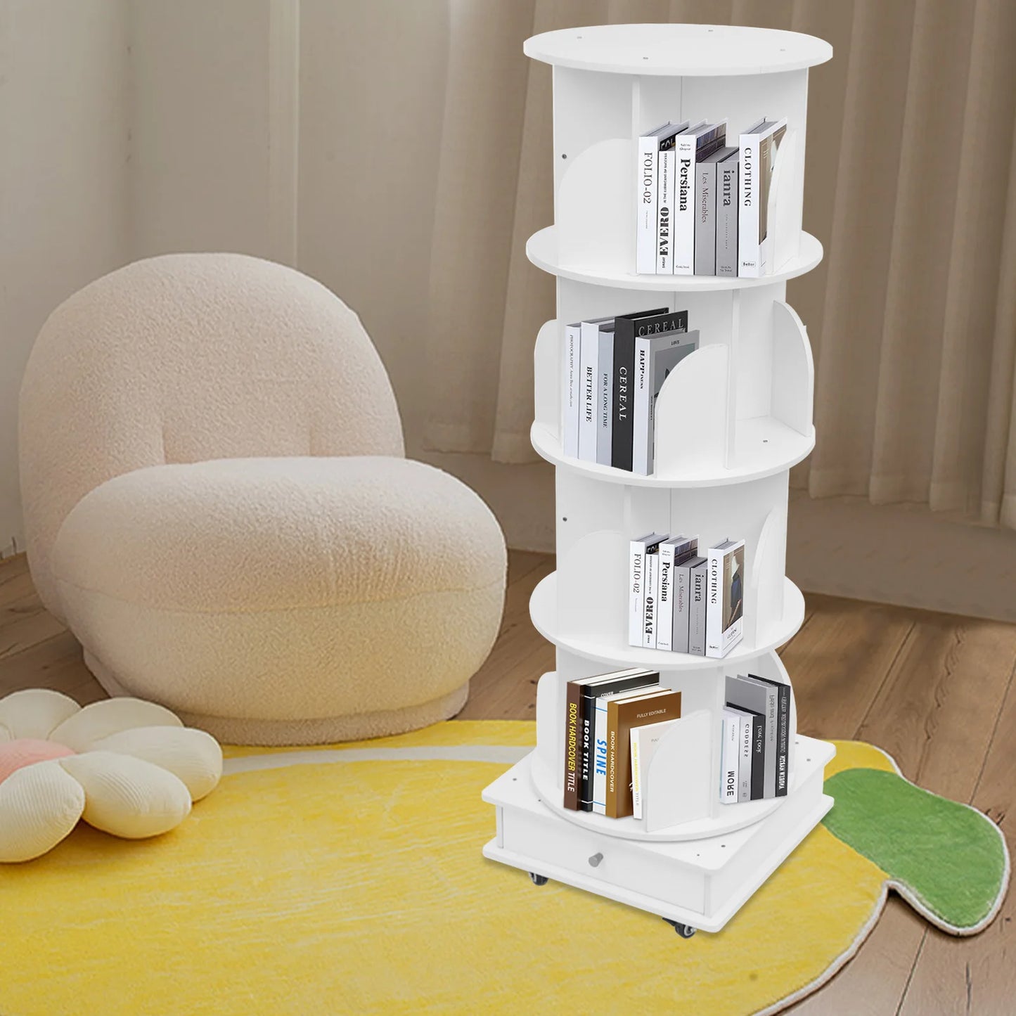 Rotating solid wood bookcase with drawer – 4 levels, 360° rotatable, on castors