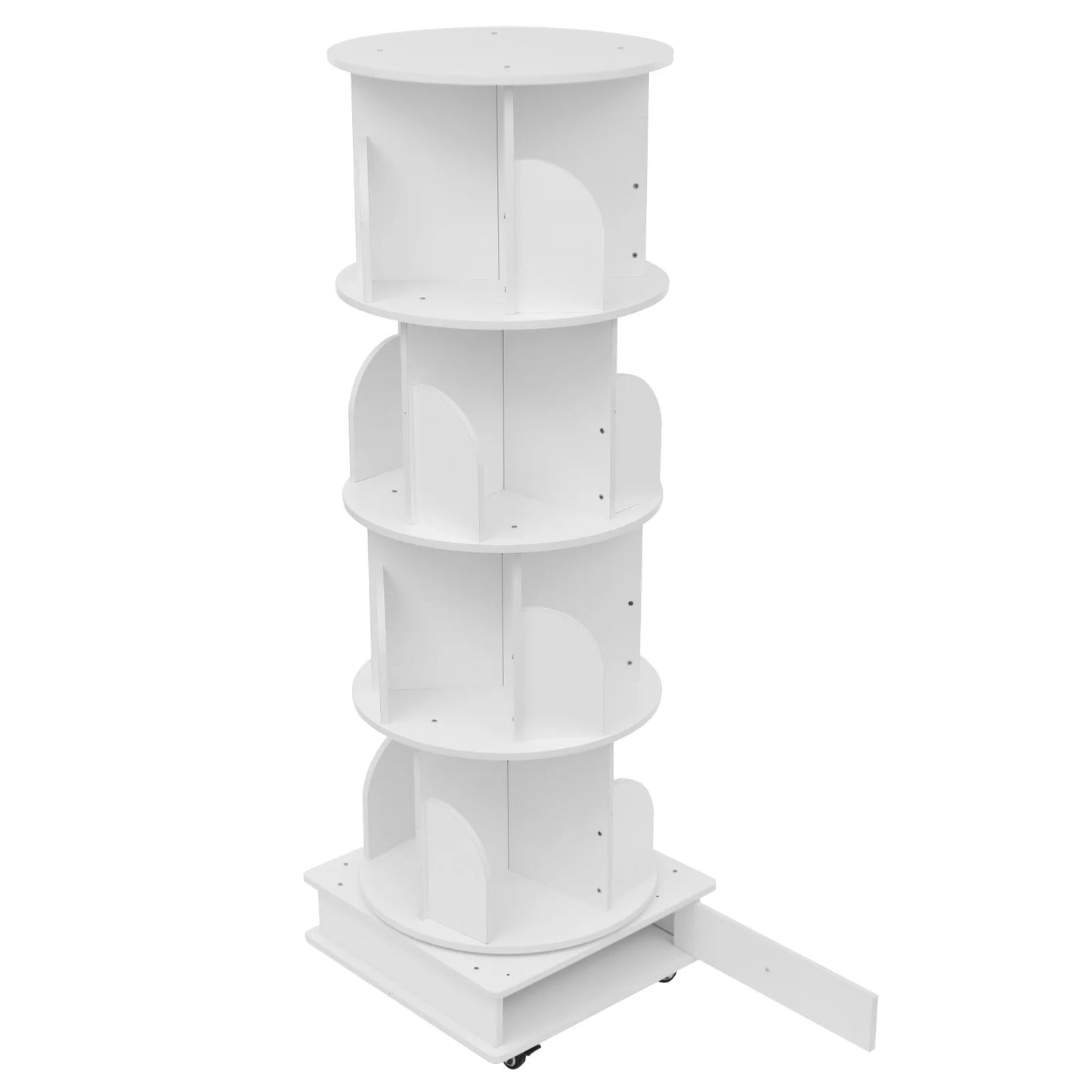 Rotating solid wood bookcase with drawer – 4 levels, 360° rotatable, on castors