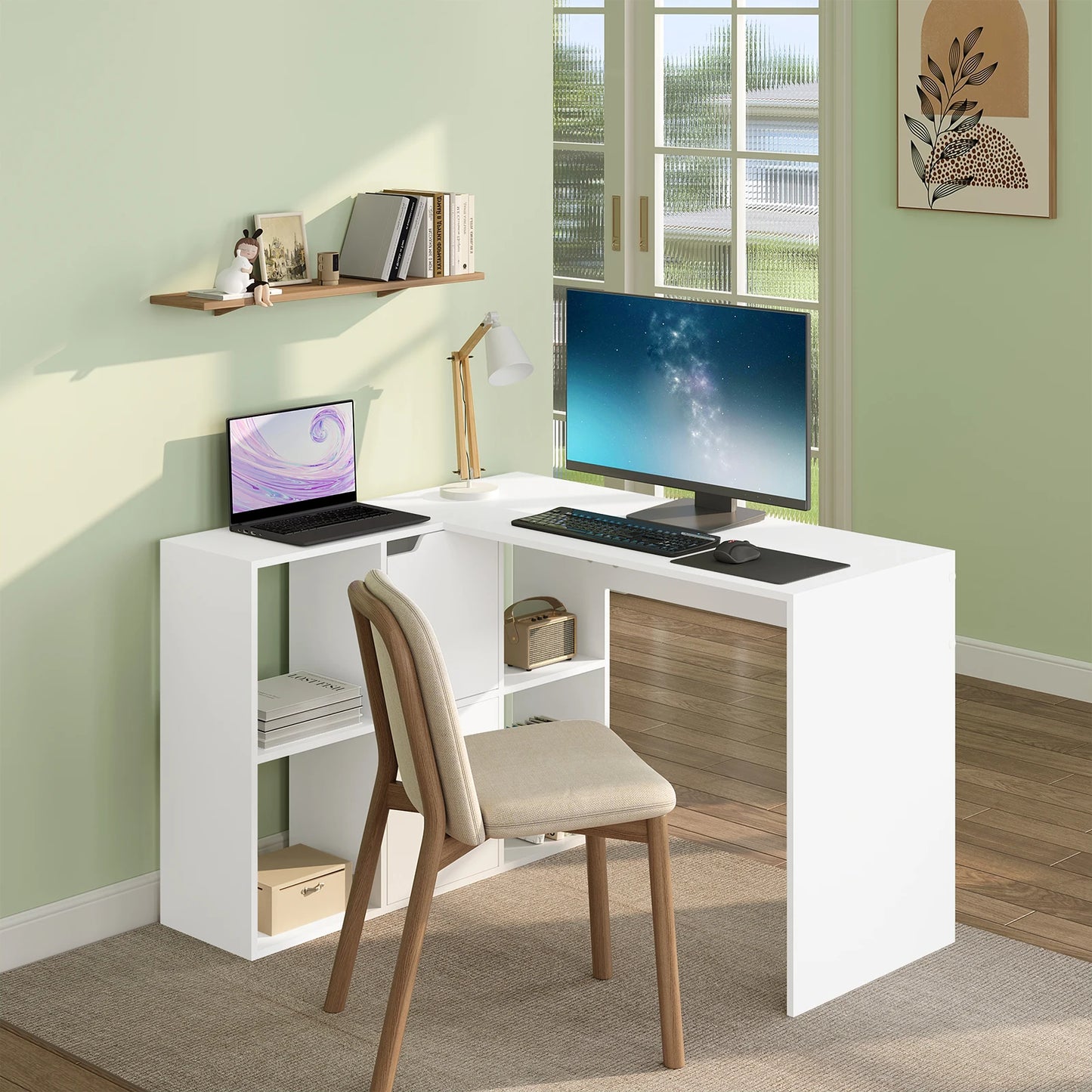 Weißer L-förmiger Computertisch mit Regalen 118 x 100 x 75 cm Eckschreibtisch mit Bücherregal für Büro und Home Office