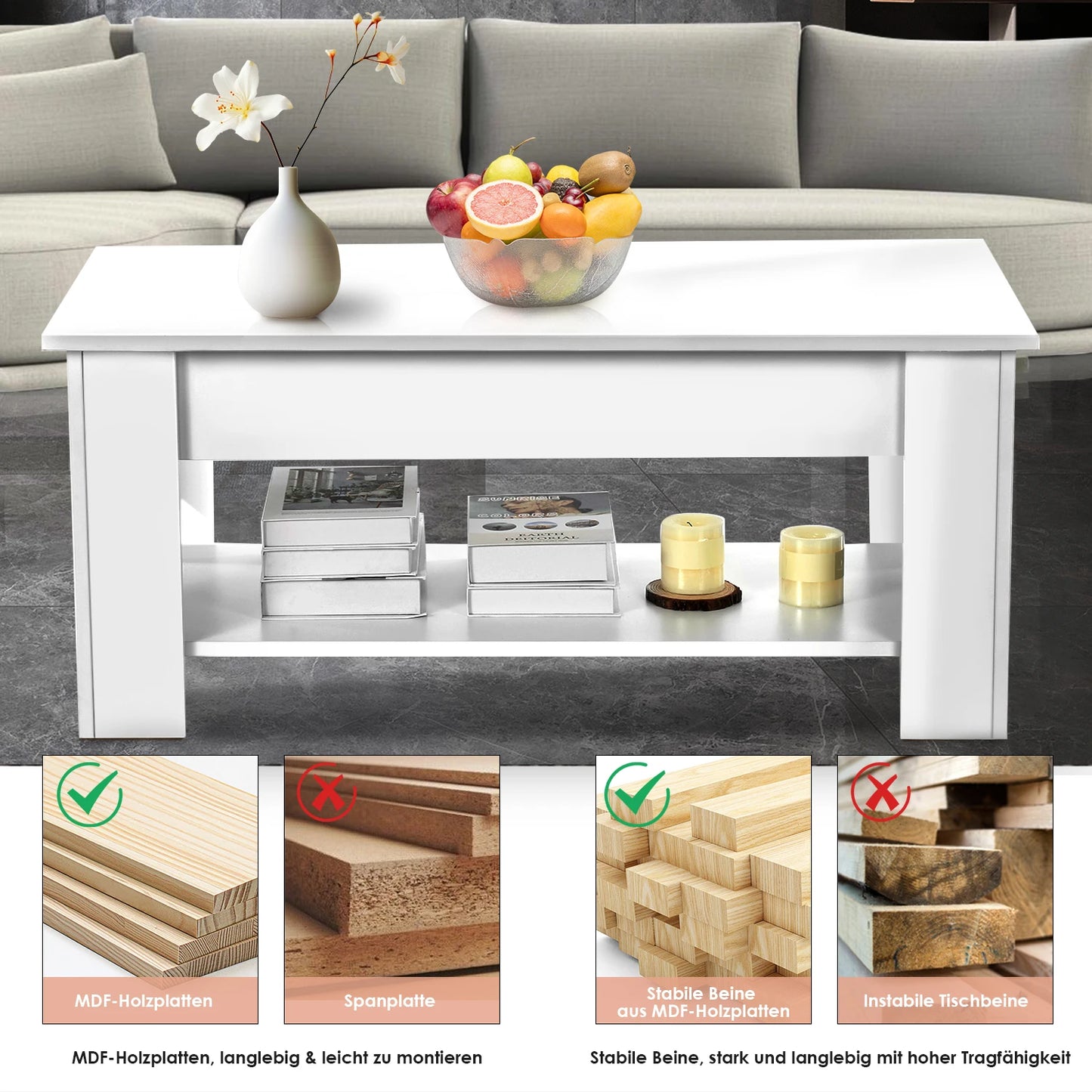 Couchtisch mit Höhenverstellbarer Platte KaffeHöhenverstellbarer Couchtisch mit Stauraum – Weiß, ausziehbar – Sofatisch für Wohnzimmer & Büroetisch ausziehbarer Wohnzimmertisch Sofatisch für Wohnzimmer, Büro, weiß