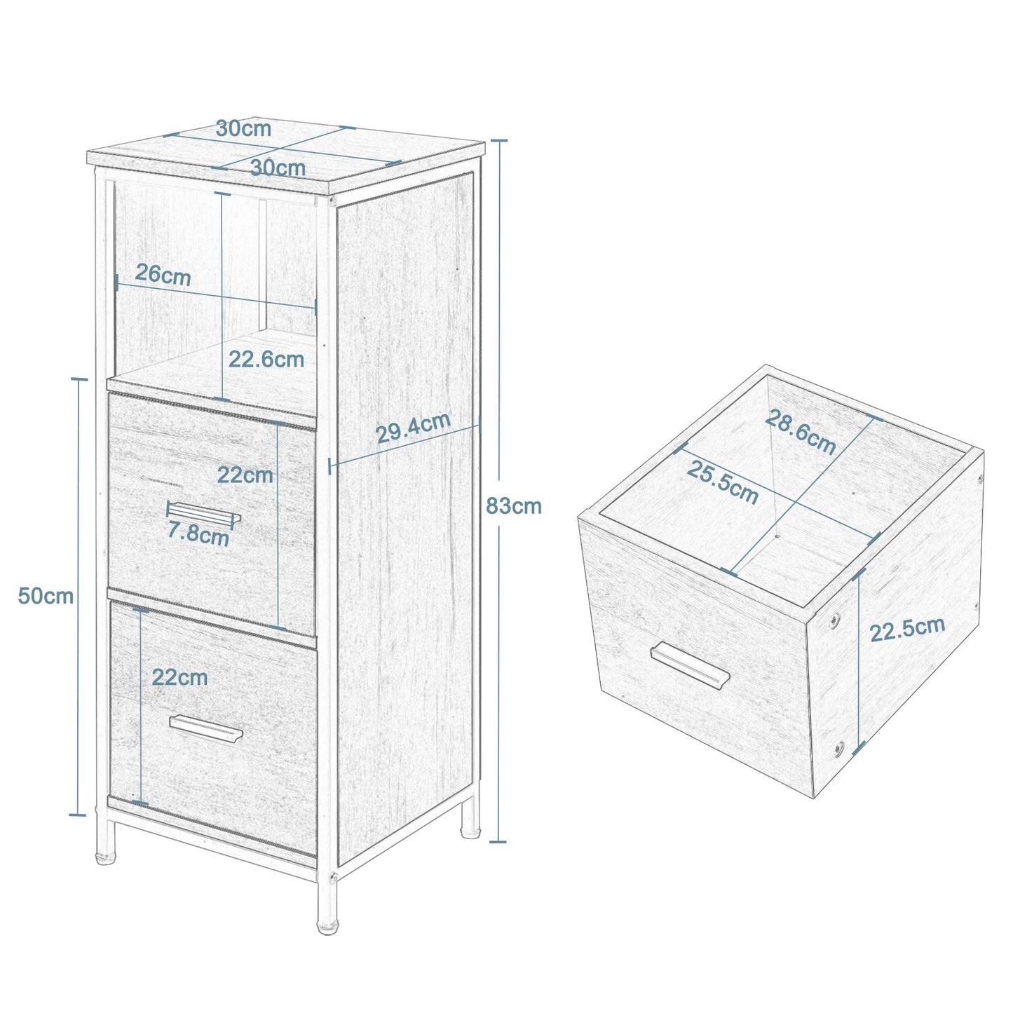 Badezimmerschrank 72×80 cm mit 2 Schubladen – Eckschrank in Eiche/Schwarz
