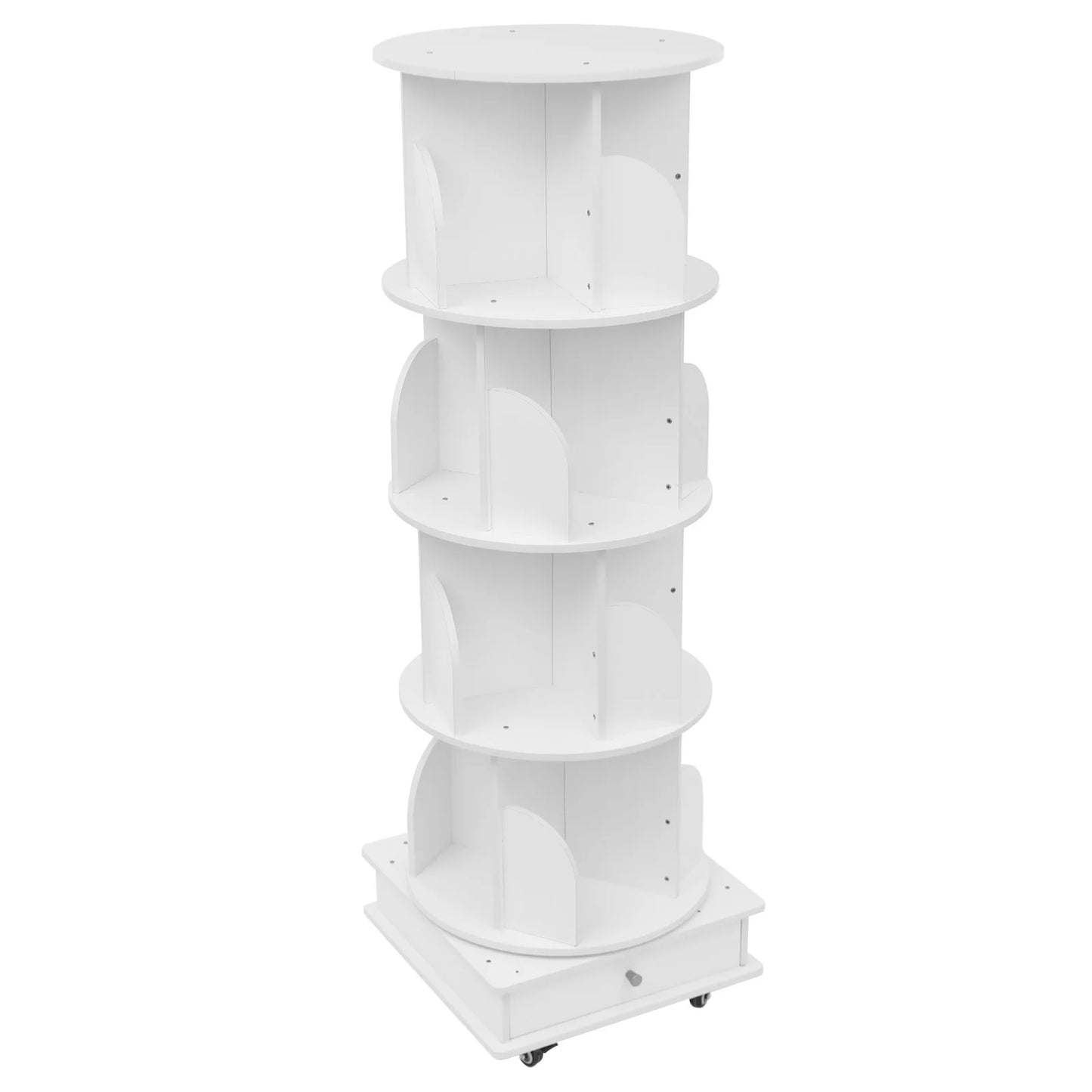 Rotating solid wood bookcase with drawer – 4 levels, 360° rotatable, on castors