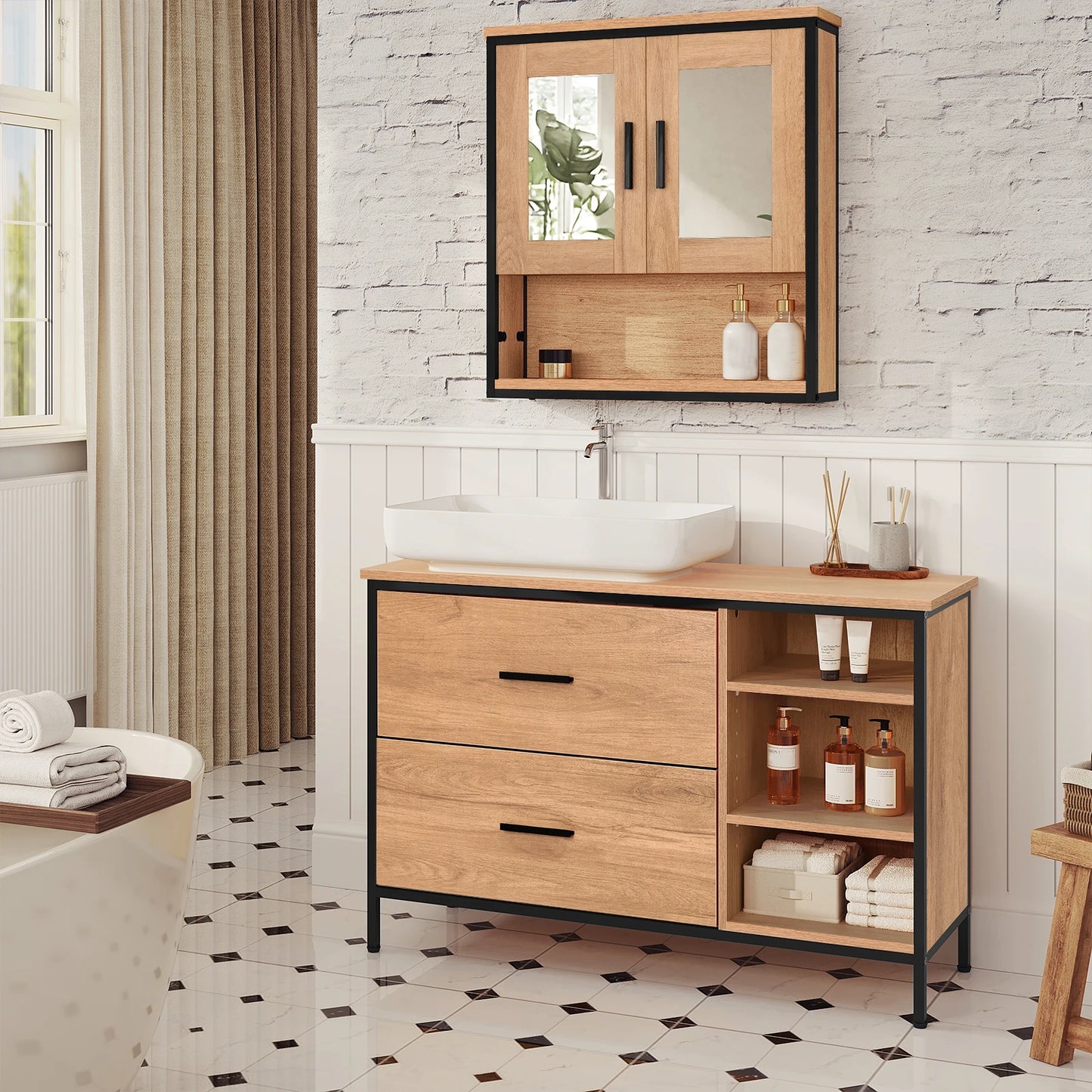 Waschtischunterschrank 90×60 cm mit 2 Schubladen & 3 Fächern – Eiche/Schwarz