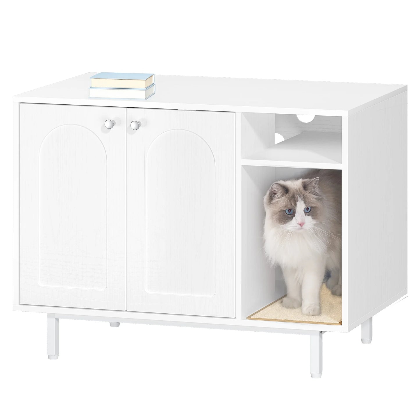 Bac à litière en bois pour chat – Maison cachée et table d'appoint – Blanc/Or – 80 × 50 × 61 cm