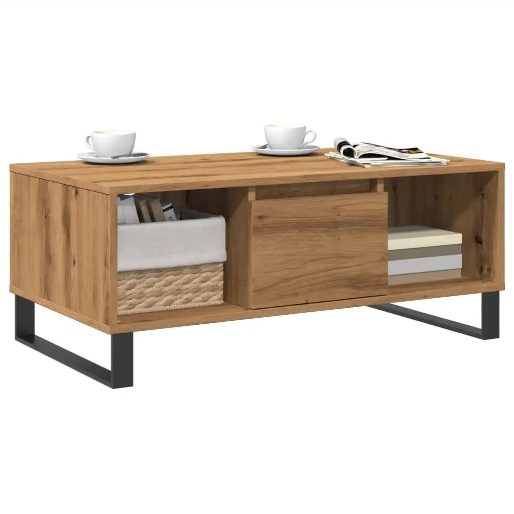 Couchtisch 90×50×36,5 cm – Handgefertigt aus Holzwerkstoff in Artisan Eiche mit Metallfüßen