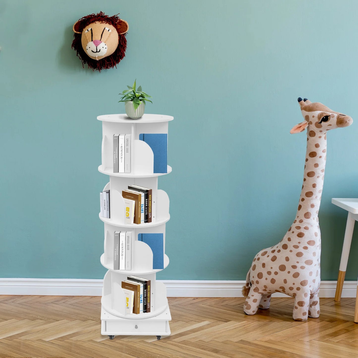 Rotating solid wood bookcase with drawer – 4 levels, 360° rotatable, on castors