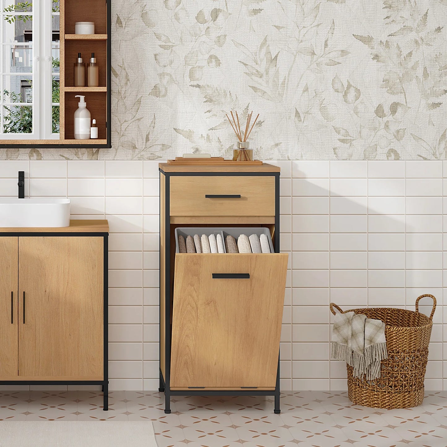 Meuble de salle de bain avec panier à linge et tiroirs, chêne/noir 80 cm