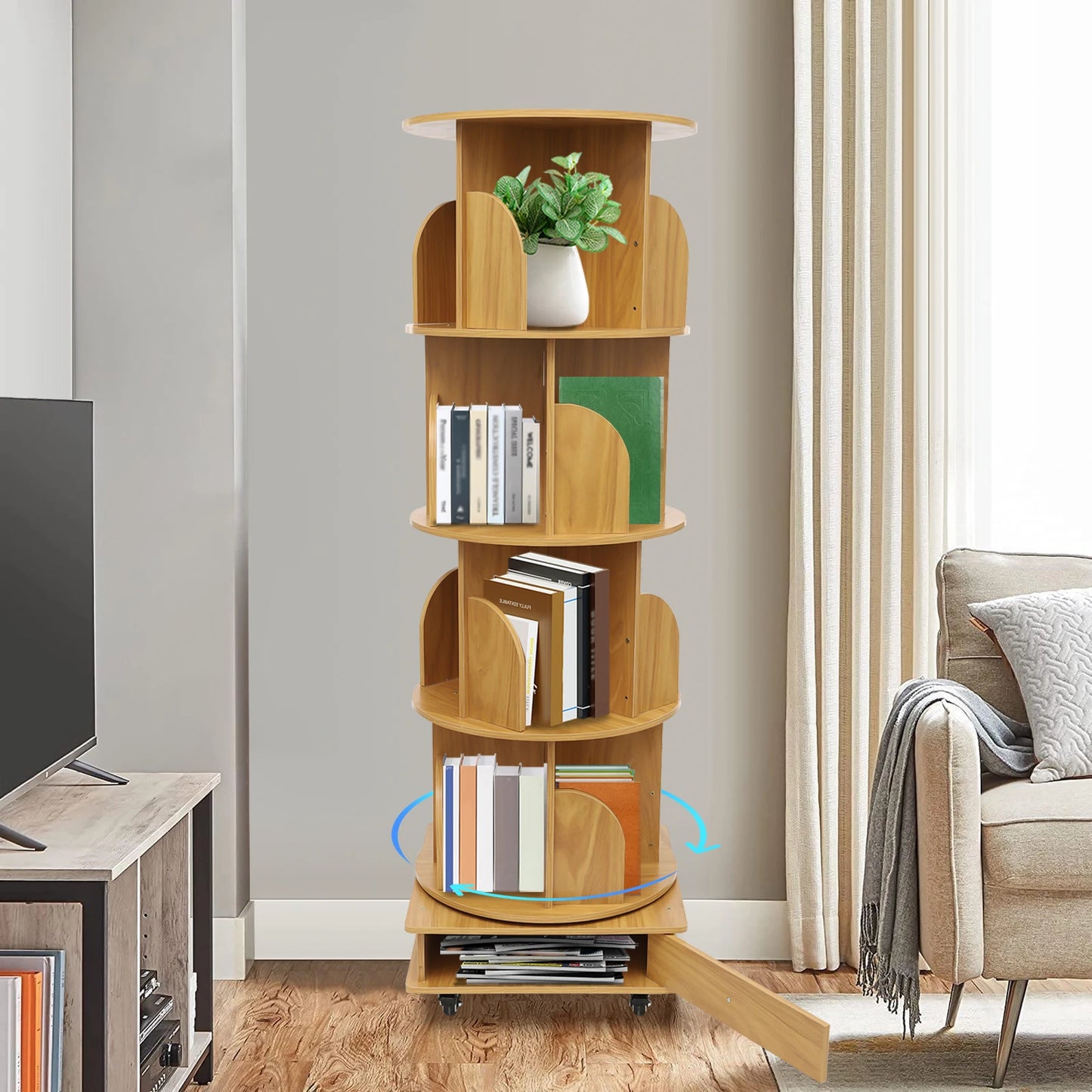 Rotating solid wood bookcase with drawer – 4 levels, 360° rotatable, on castors