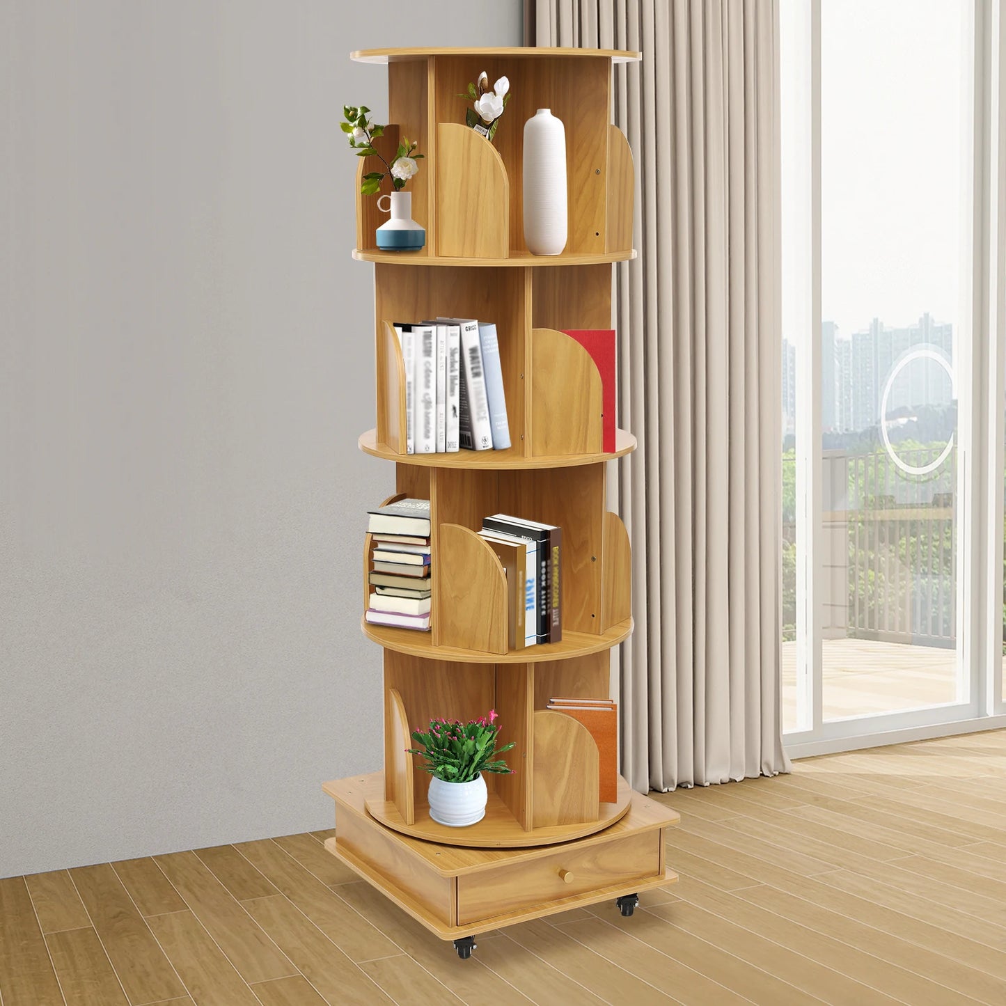 Rotating solid wood bookcase with drawer – 4 levels, 360° rotatable, on castors