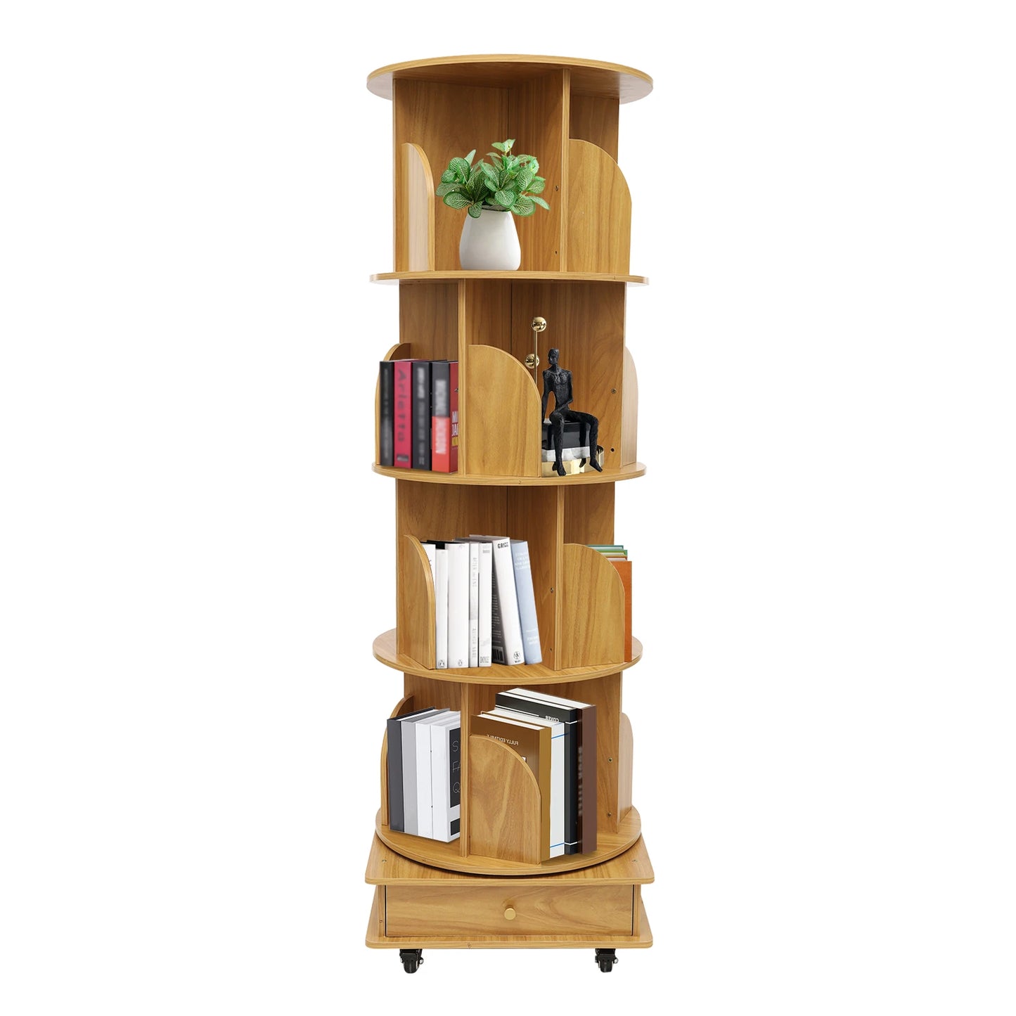 Rotating solid wood bookcase with drawer – 4 levels, 360° rotatable, on castors