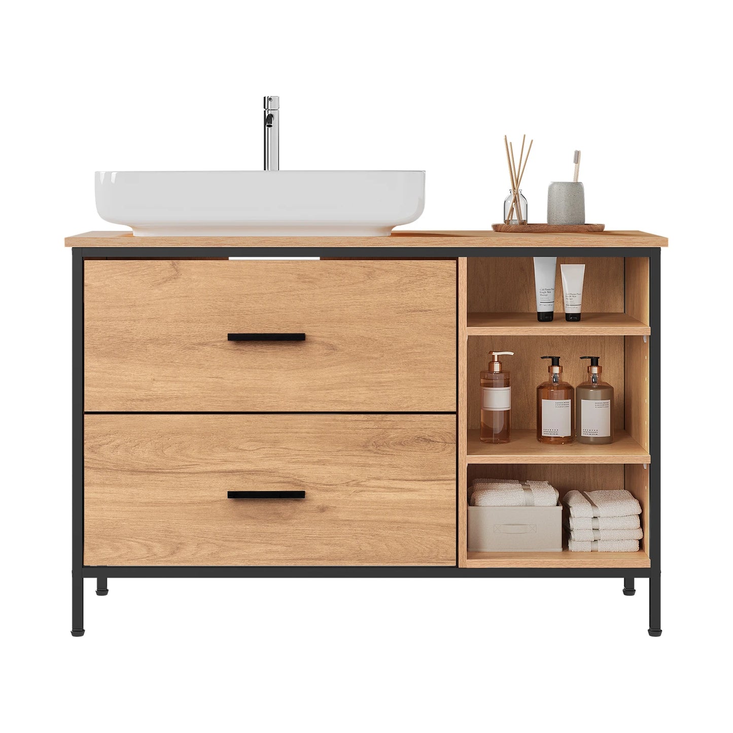 Waschtischunterschrank 90×60 cm mit 2 Schubladen & 3 Fächern – Eiche/Schwarz