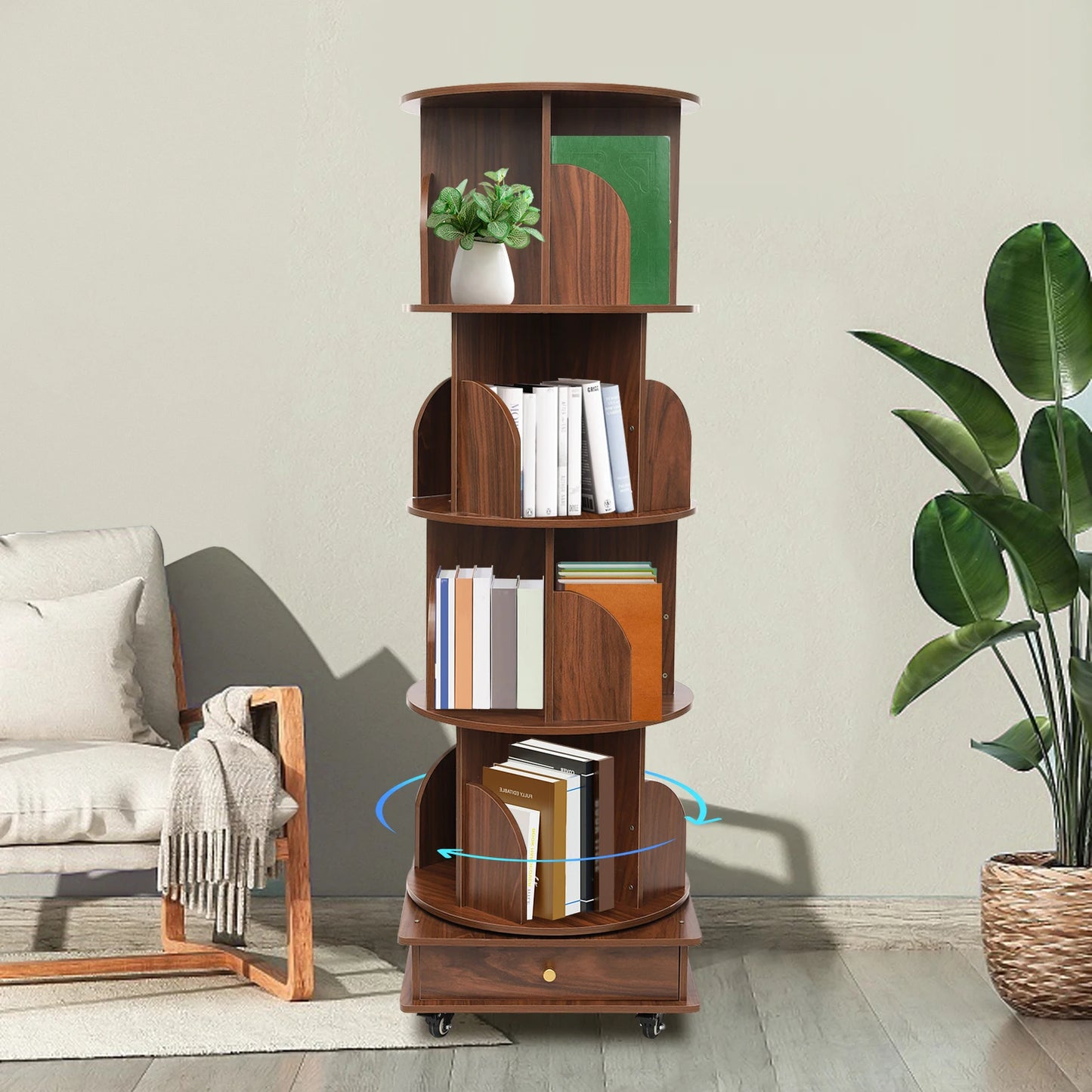 Rotating solid wood bookcase with drawer – 4 levels, 360° rotatable, on castors
