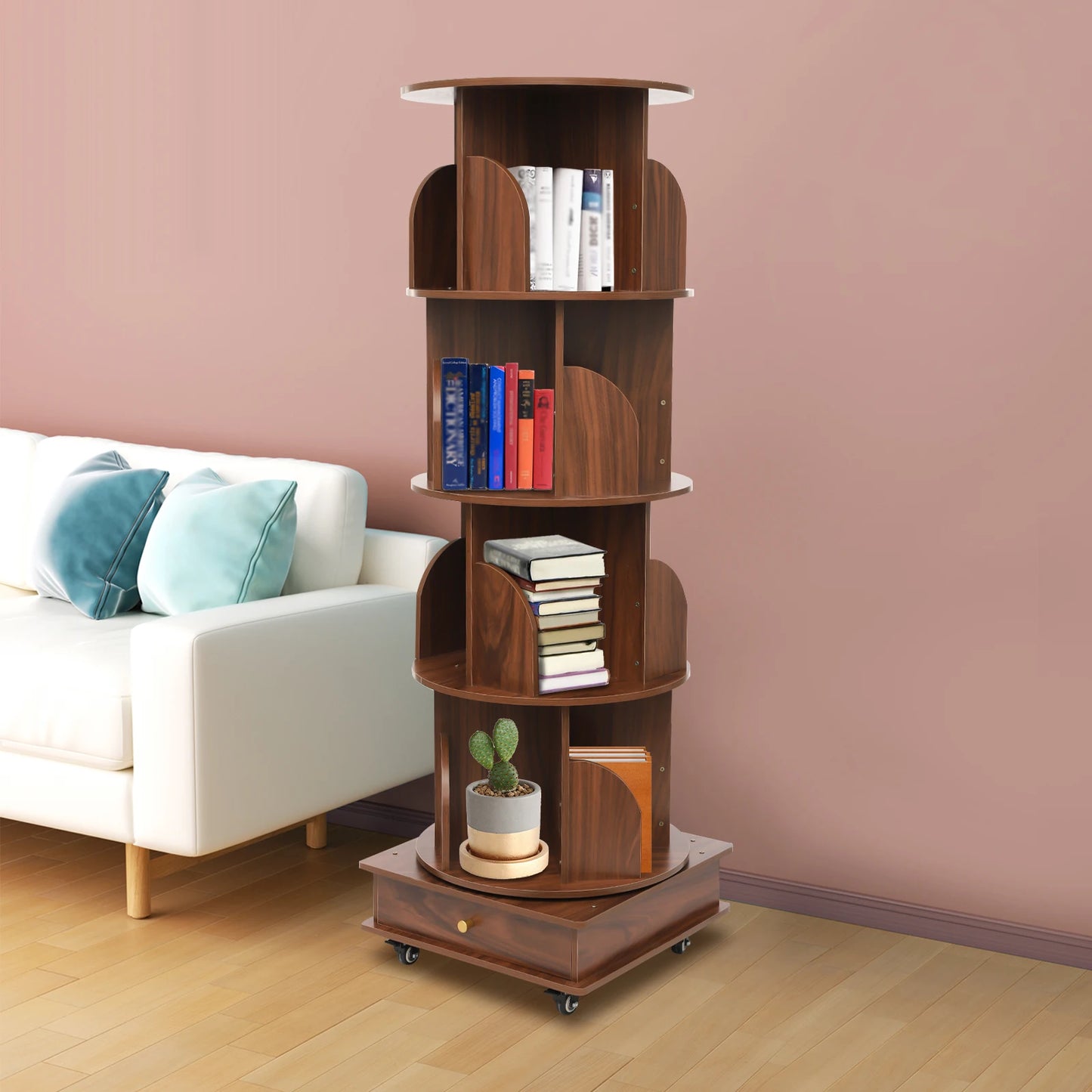 4-stufiges drehbares Bücherregal mit 360° Drehung 80–100 Bücher Holz Bücherregal mit Rollen für Wohnzimmer Büro Kinderzimmer