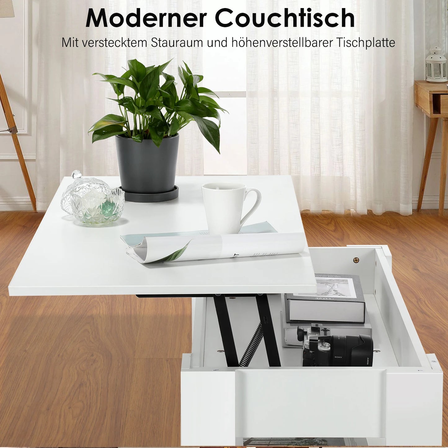 Couchtisch mit Höhenverstellbarer Platte KaffeHöhenverstellbarer Couchtisch mit Stauraum – Weiß, ausziehbar – Sofatisch für Wohnzimmer & Büroetisch ausziehbarer Wohnzimmertisch Sofatisch für Wohnzimmer, Büro, weiß