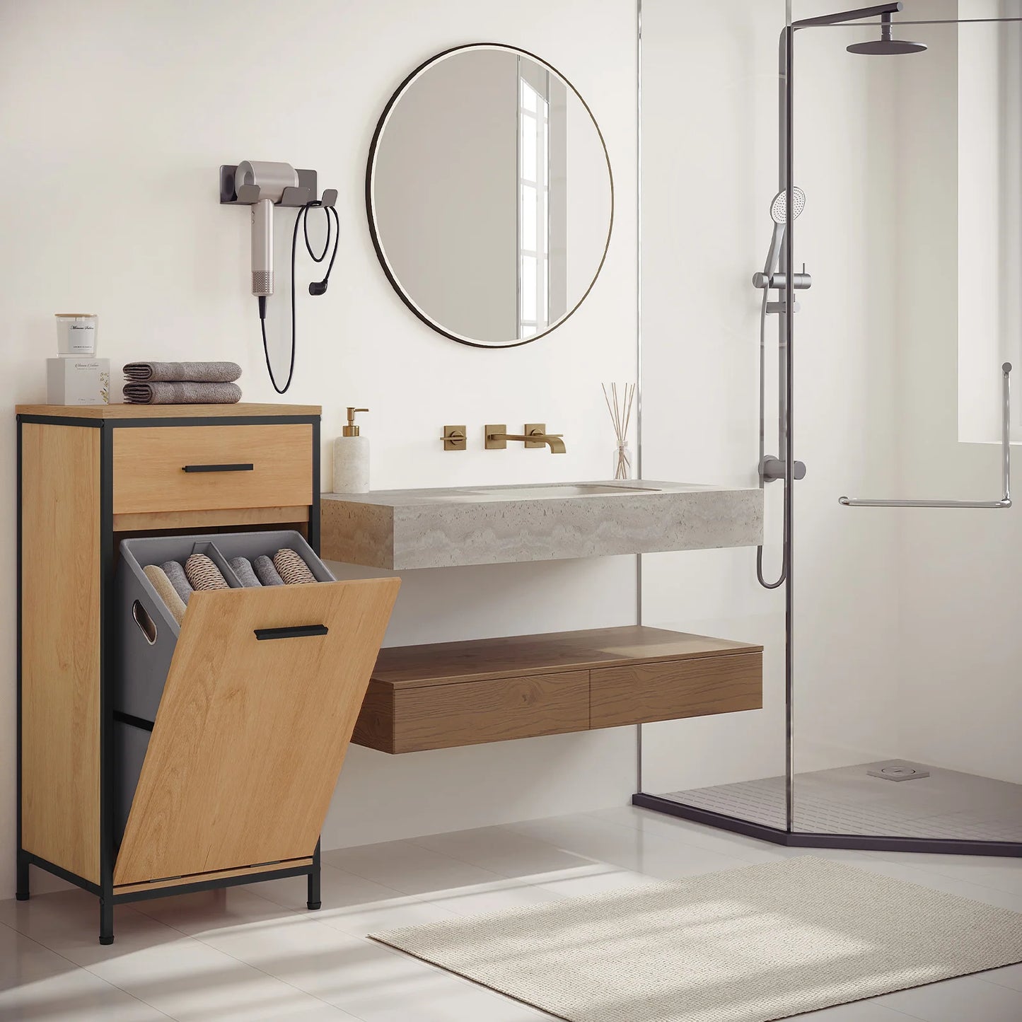 Meuble de salle de bain avec panier à linge et tiroirs, chêne/noir 80 cm
