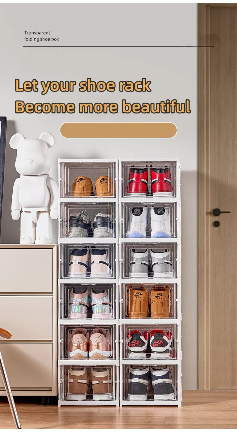 Meuble à chaussures pliable à 6 niveaux – Boîte de rangement transparente et empilable pour baskets et chaussures