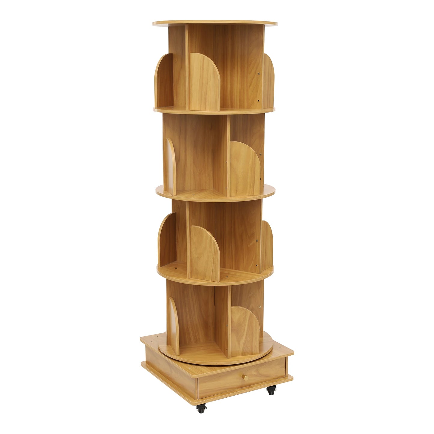 Rotating solid wood bookcase with drawer – 4 levels, 360° rotatable, on castors