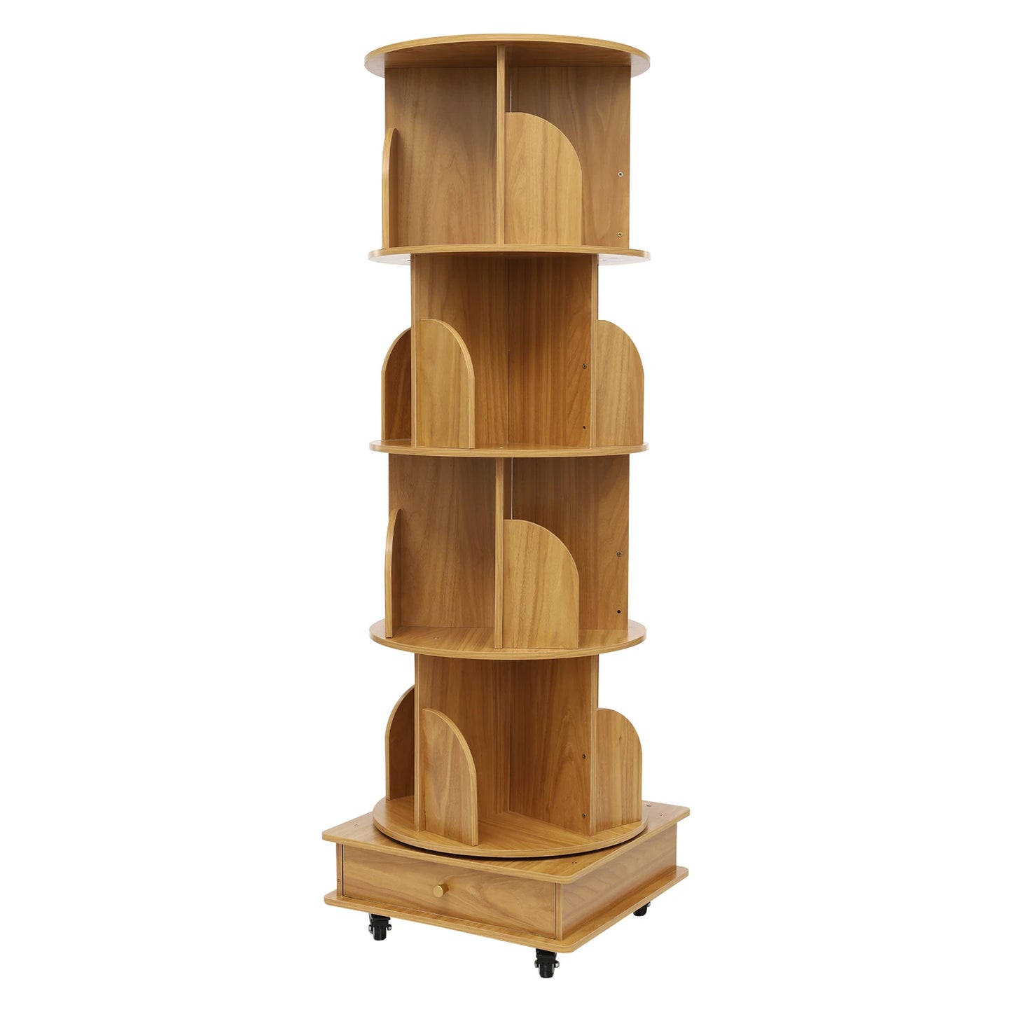Rotating solid wood bookcase with drawer – 4 levels, 360° rotatable, on castors