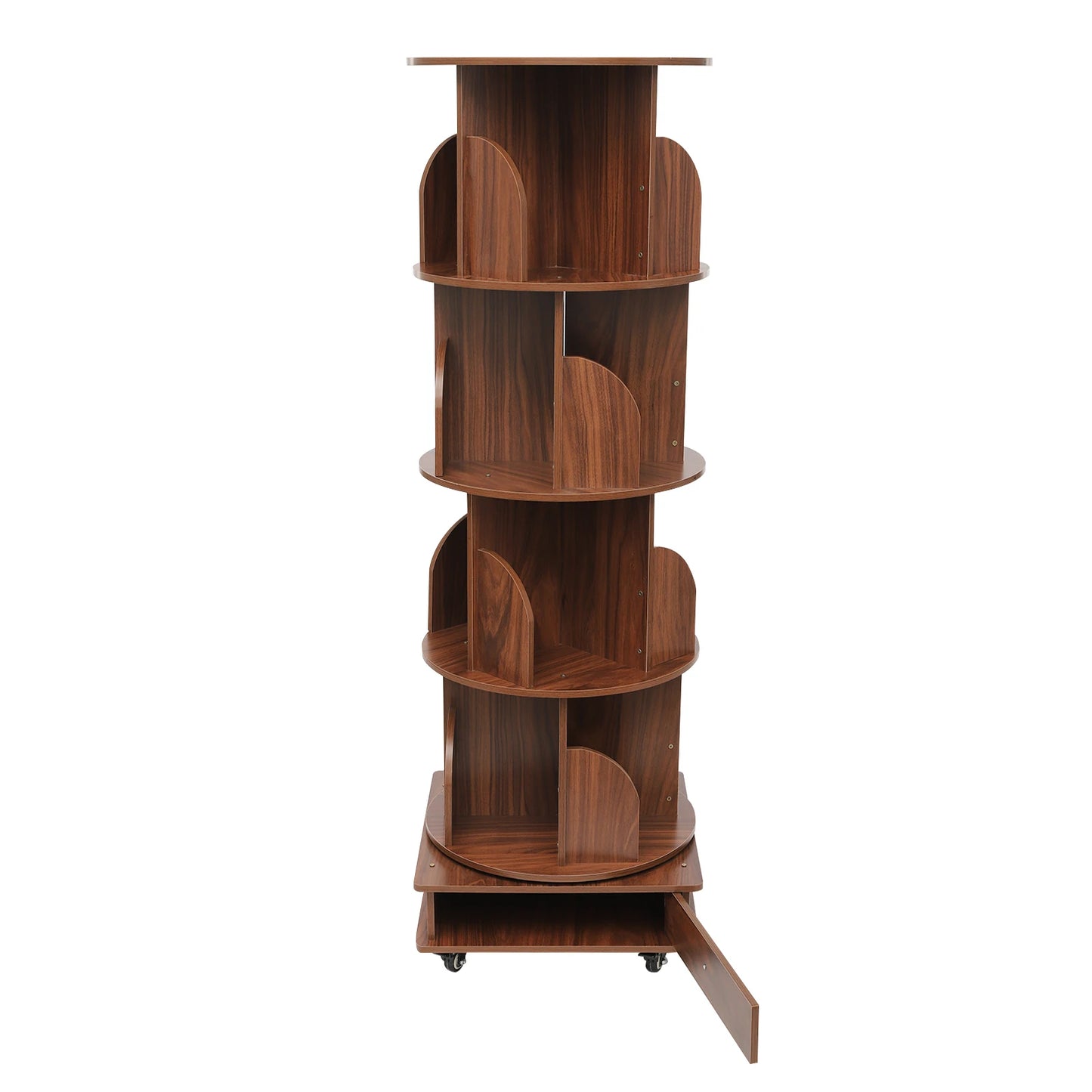 Rotating solid wood bookcase with drawer – 4 levels, 360° rotatable, on castors
