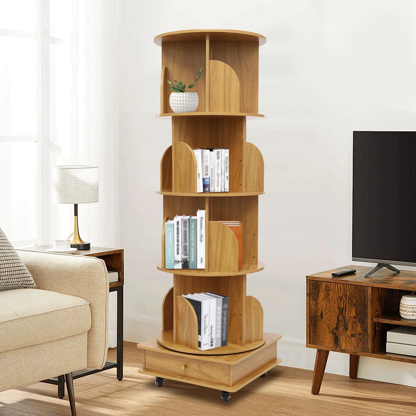 Rotating solid wood bookcase with drawer – 4 levels, 360° rotatable, on castors