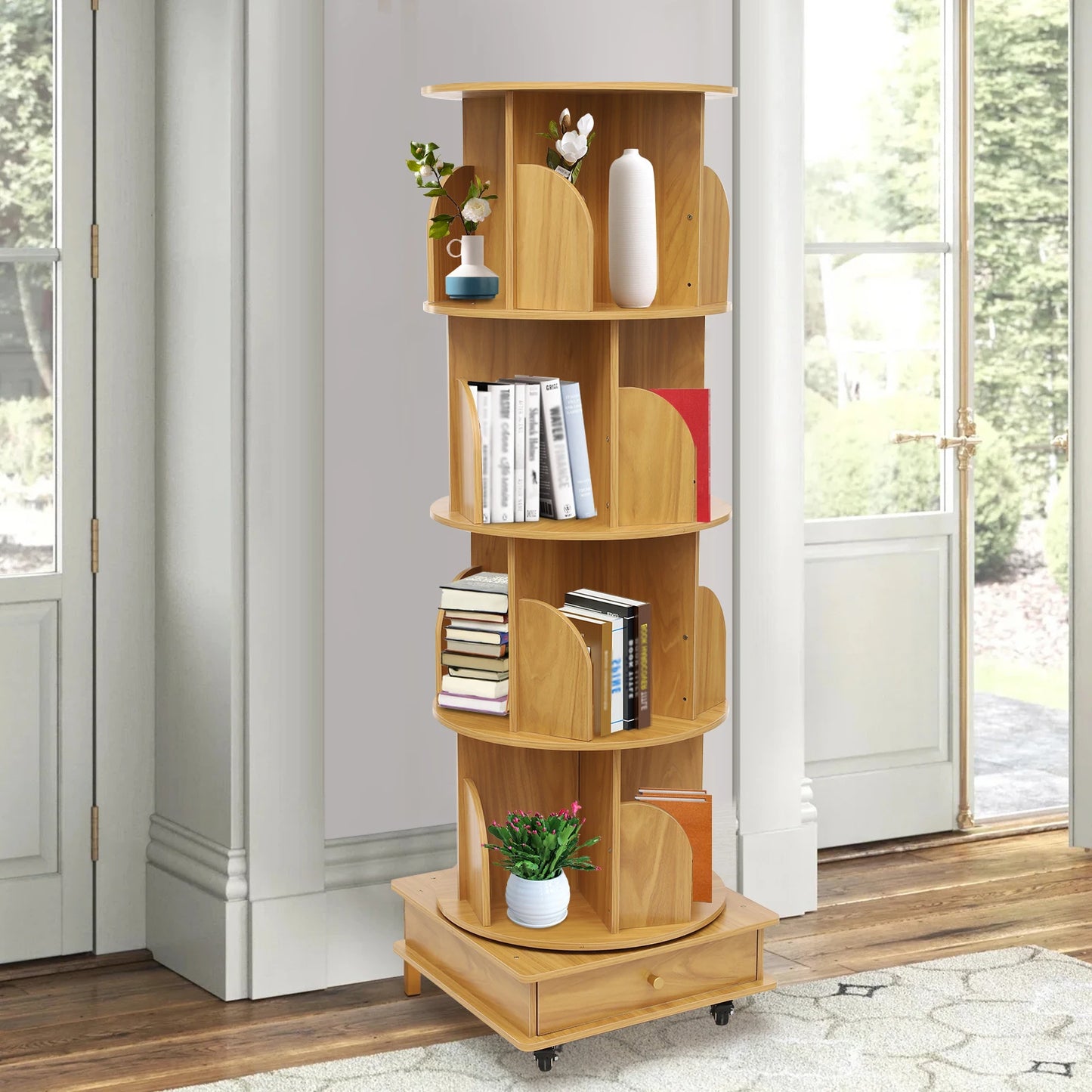 Rotating solid wood bookcase with drawer – 4 levels, 360° rotatable, on castors