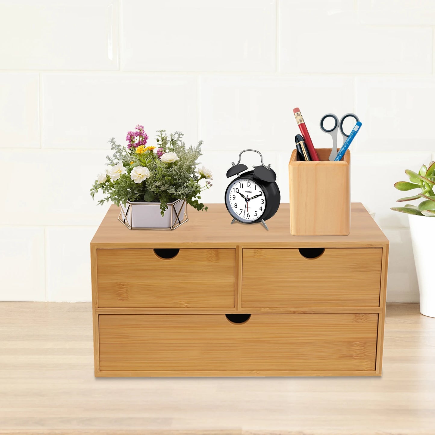 Organiseur de bureau en bambou avec 3 tiroirs – naturel, entièrement assemblé