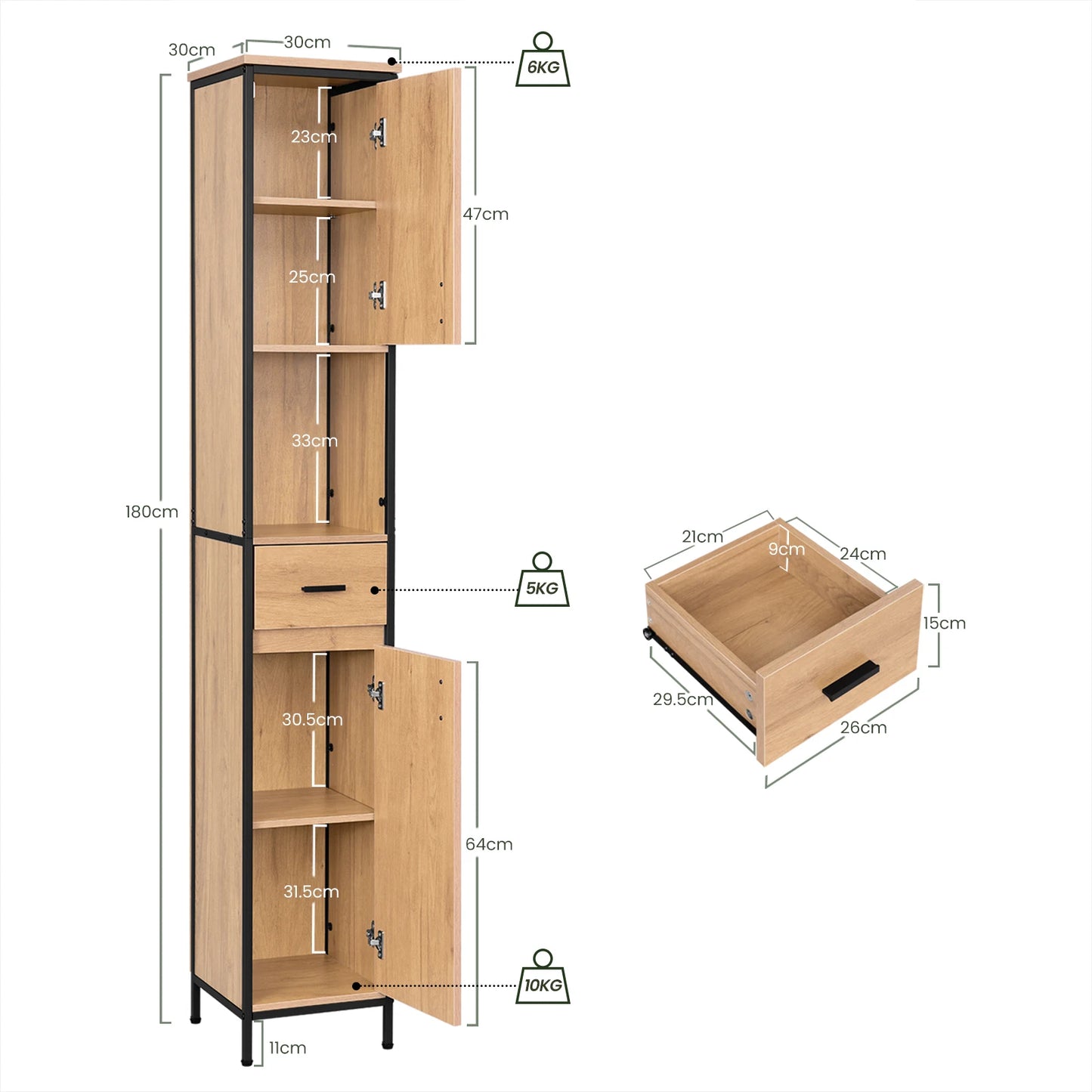 Tall bathroom cabinet 30×180 cm with drawer & shelves – Black/Oak