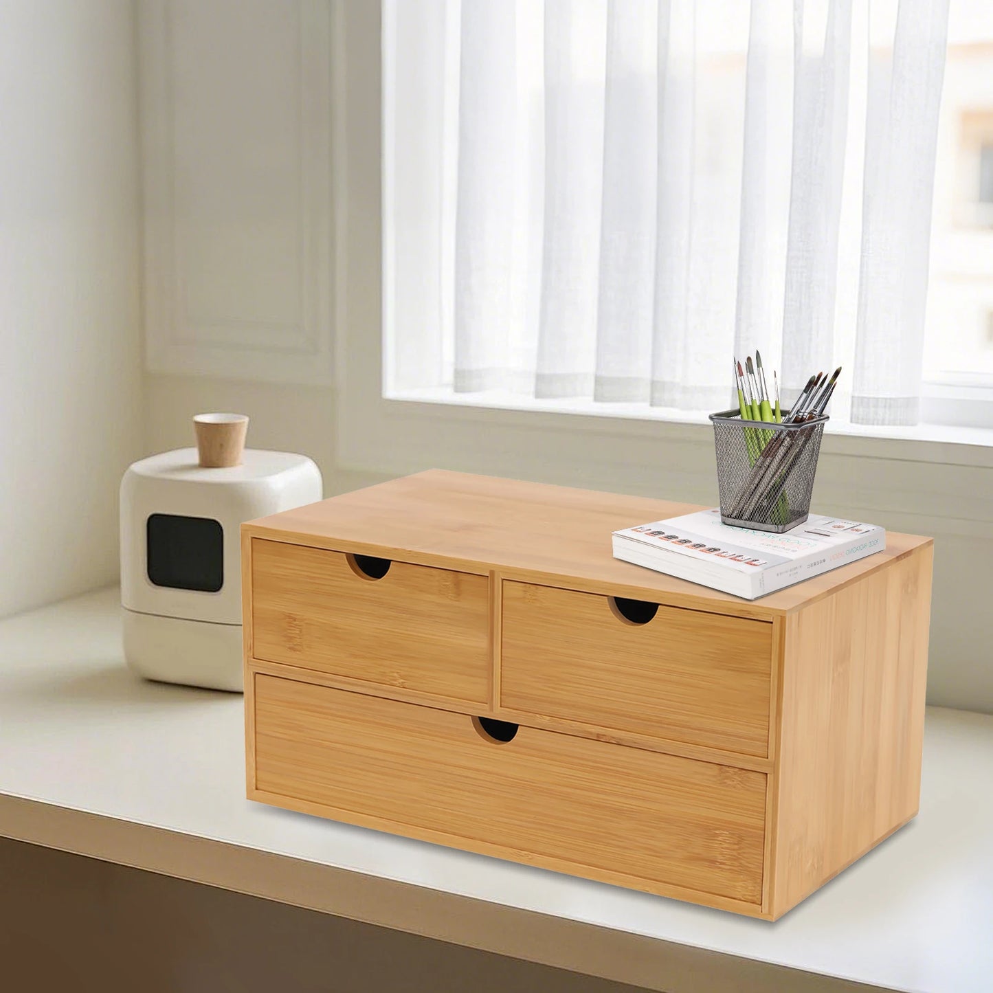 Organiseur de bureau en bambou avec 3 tiroirs – naturel, entièrement assemblé