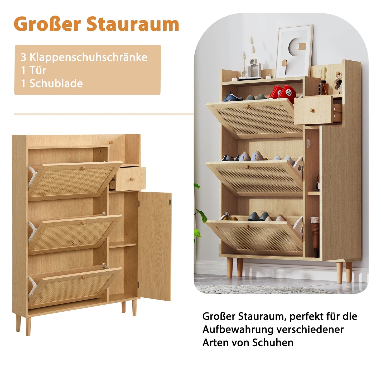 Schuhschrank mit Rattan-Optik – 3 Kippfächer & Schublade, kompakt & stilvoll